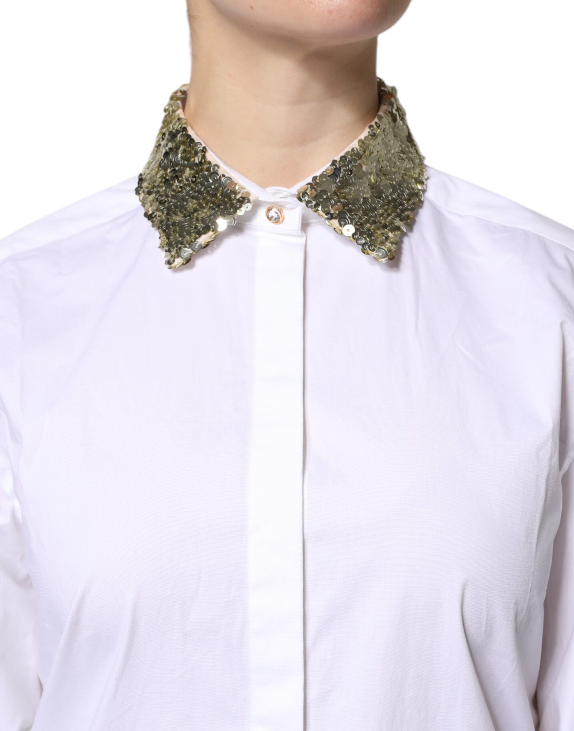Dolce &amp; Gabbana Haut chemise à manches longues en coton blanc à paillettes