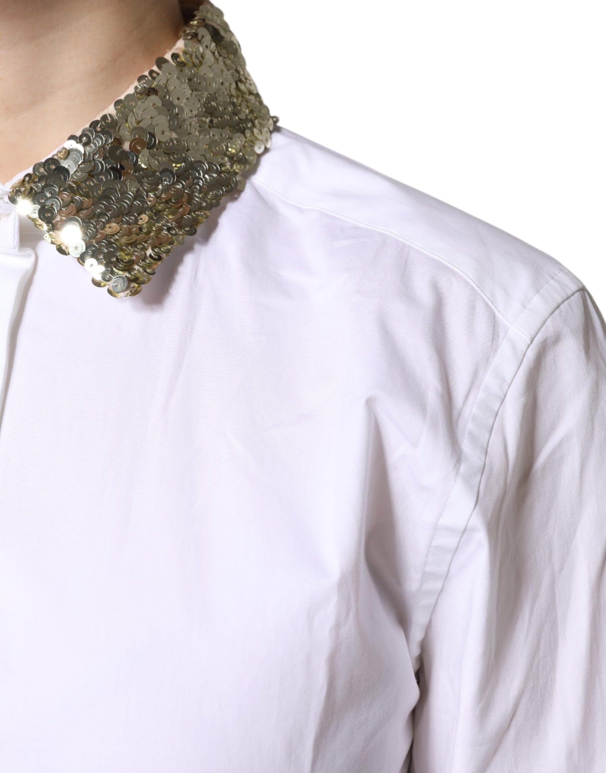 Dolce &amp; Gabbana Haut chemise à manches longues en coton blanc à paillettes