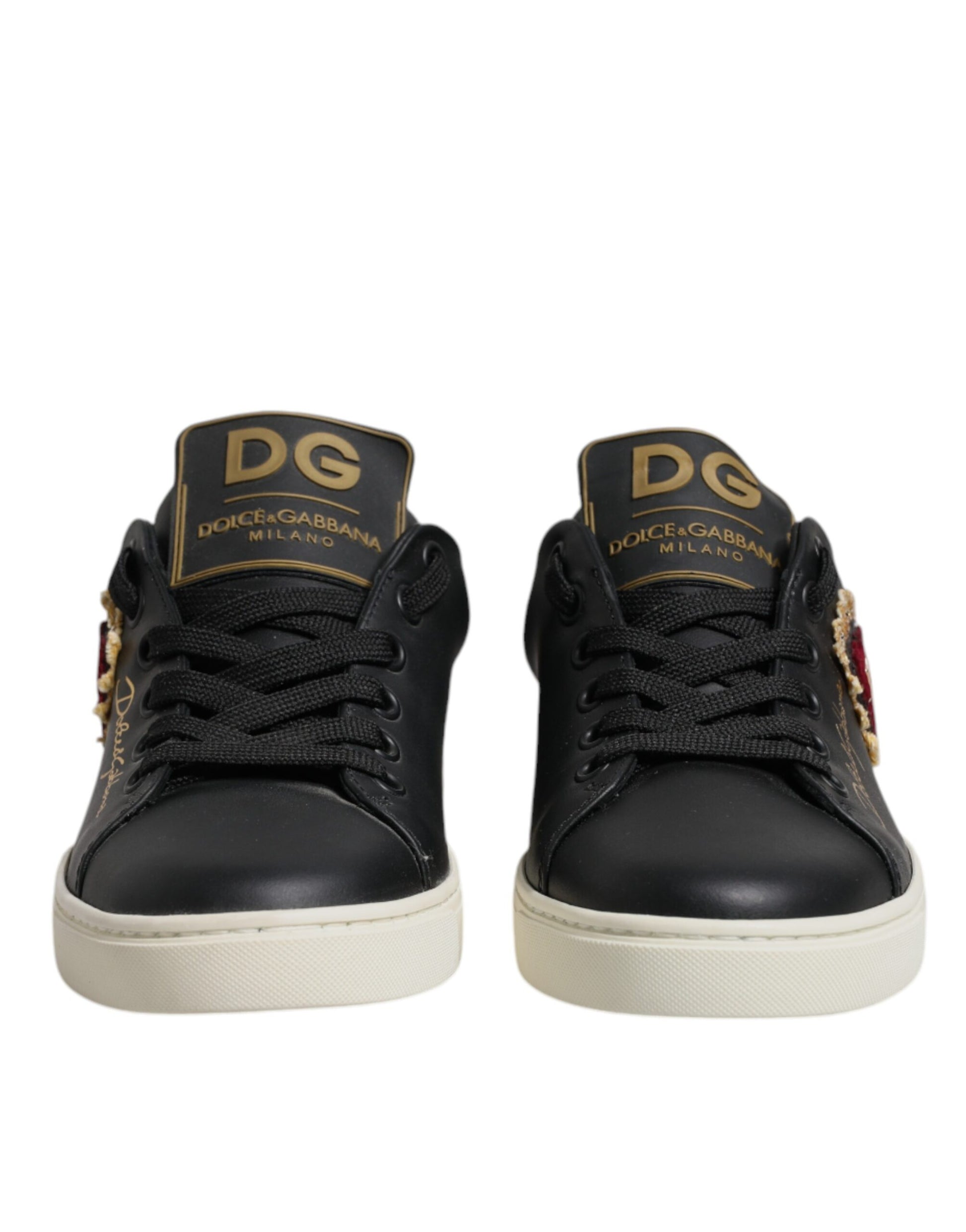 Baskets Dolce &amp; Gabbana en cuir noir et or avec cœur rouge