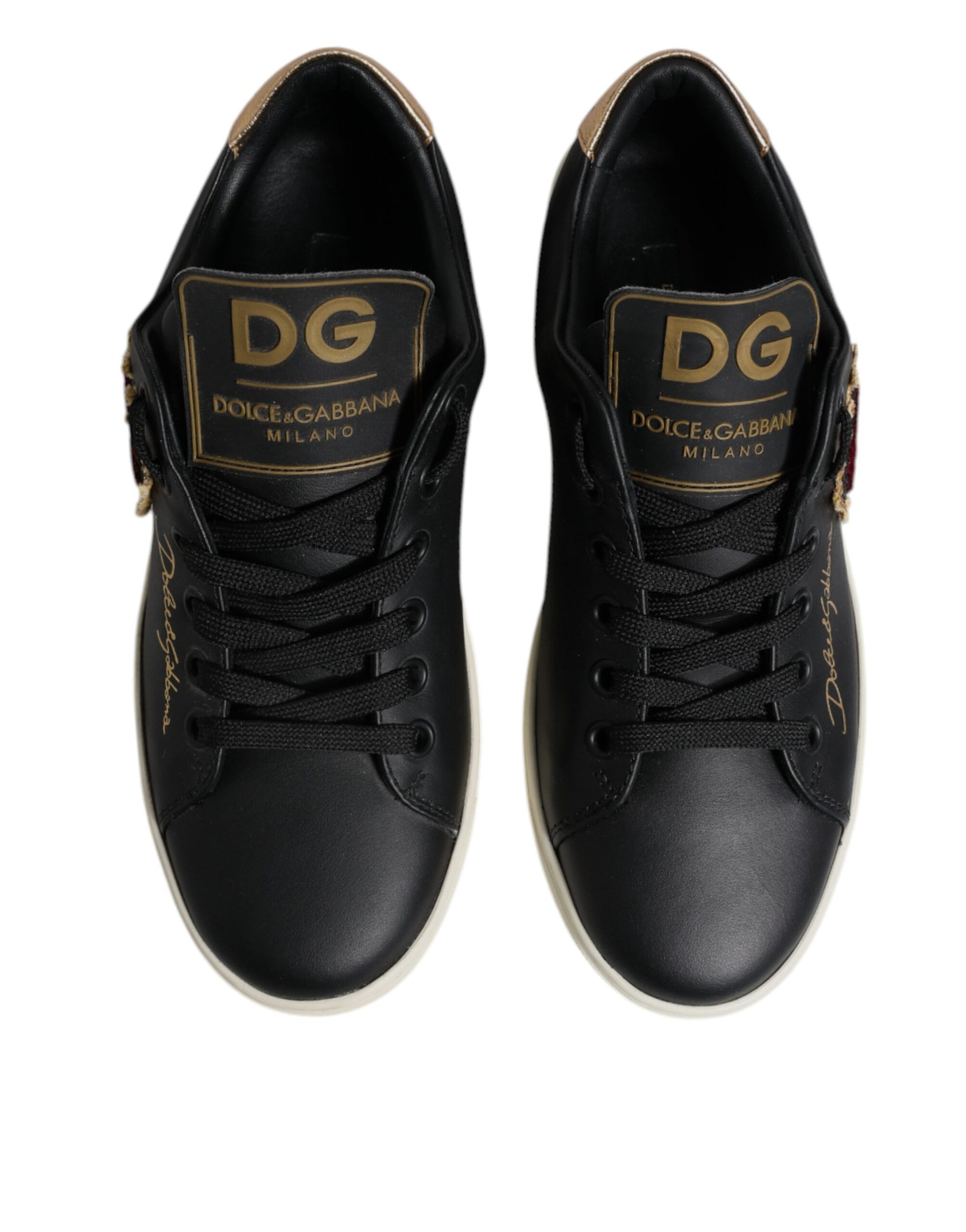 Baskets Dolce &amp; Gabbana en cuir noir et or avec cœur rouge