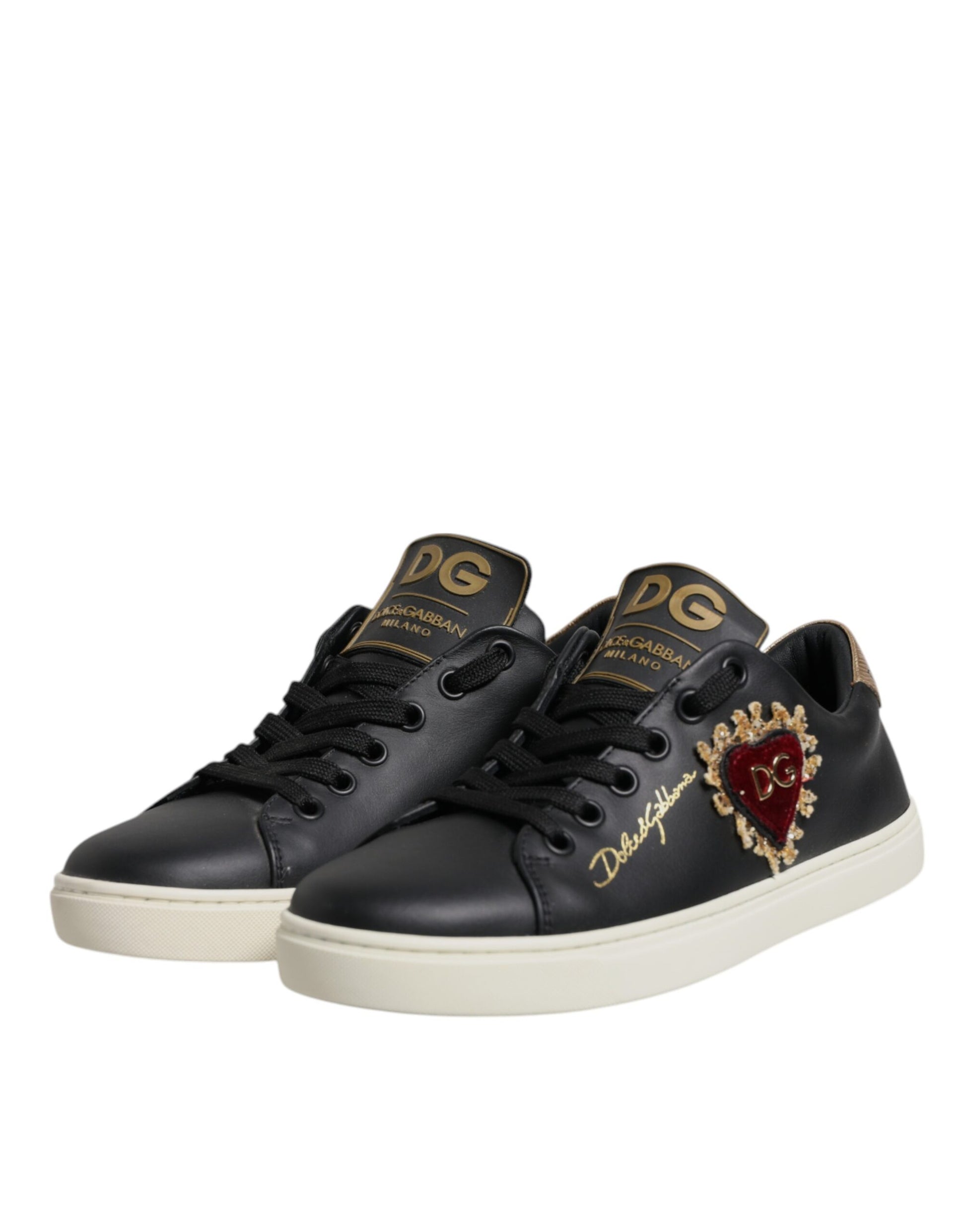 Baskets Dolce &amp; Gabbana en cuir noir et or avec cœur rouge