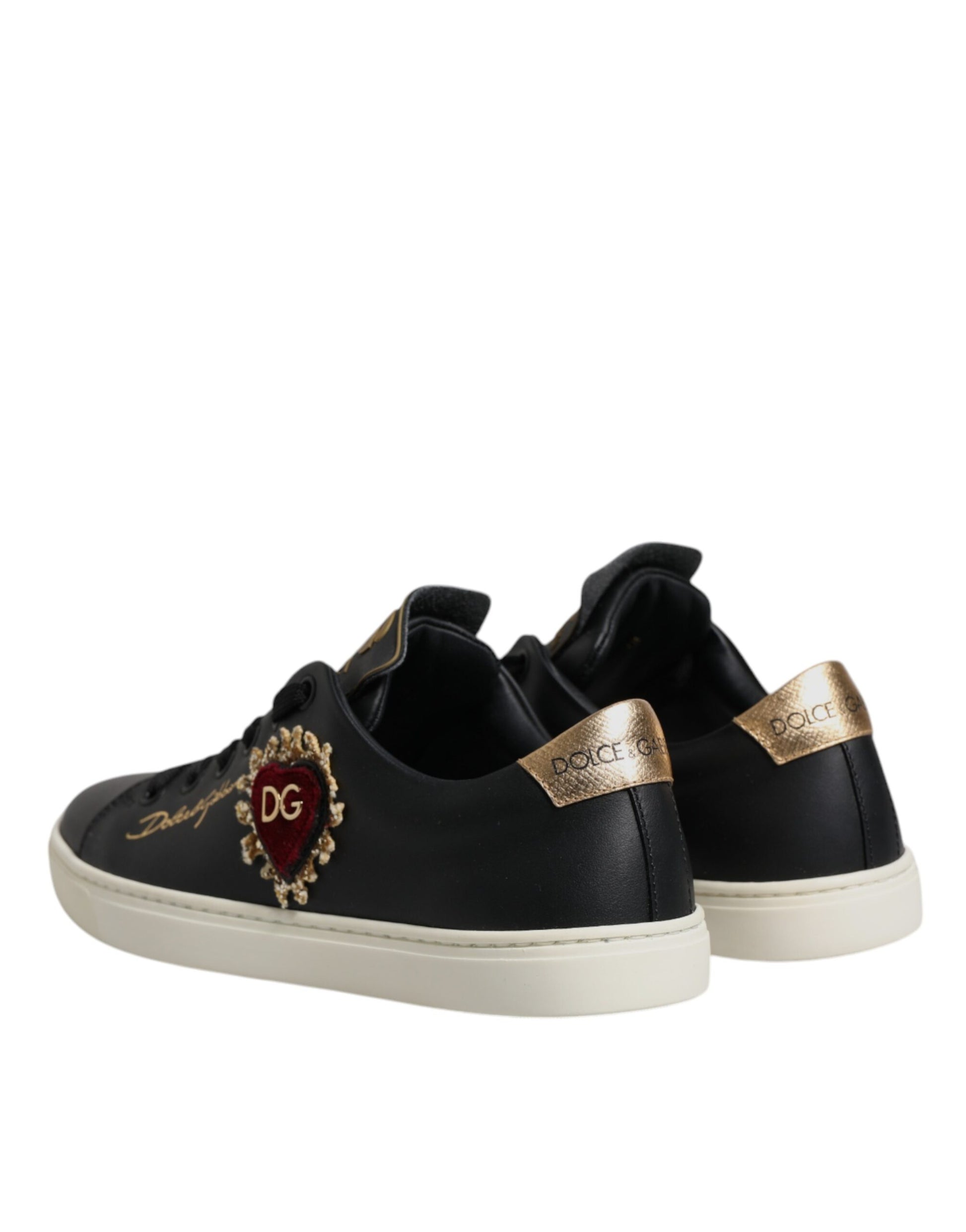 Baskets Dolce &amp; Gabbana en cuir noir et or avec cœur rouge