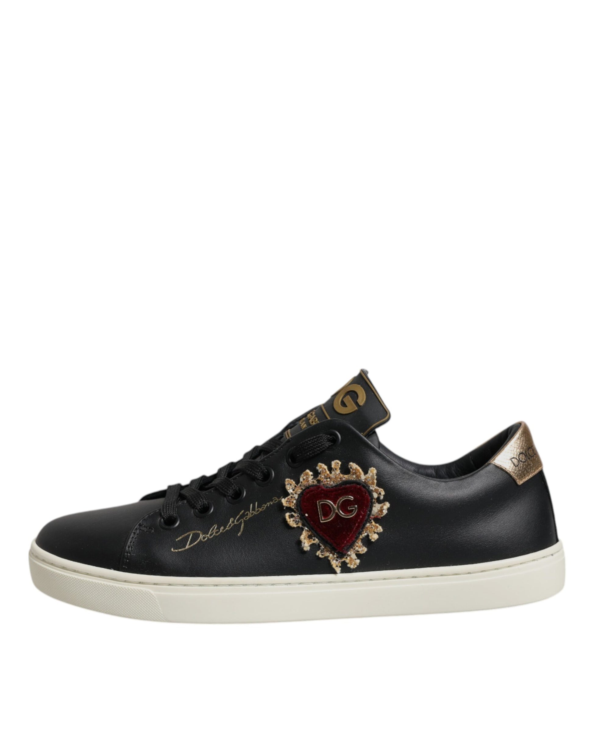 Baskets Dolce &amp; Gabbana en cuir noir et or avec cœur rouge