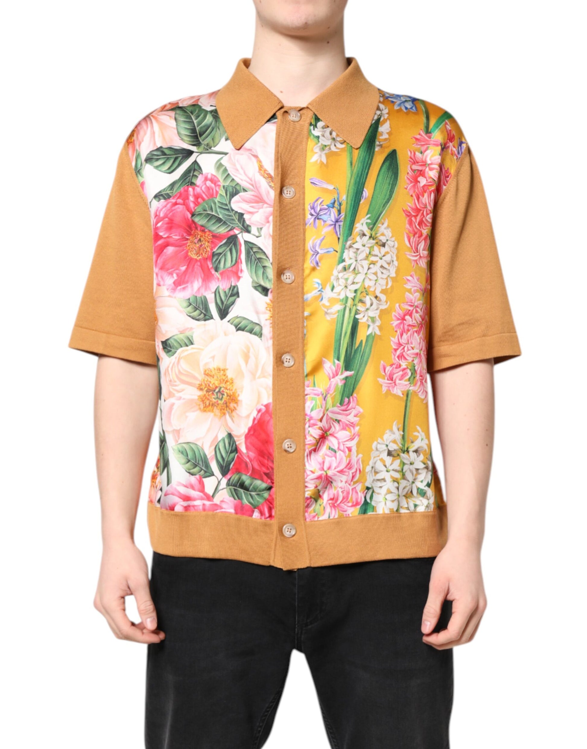 T-shirt à manches courtes et col fleuri marron Dolce &amp; Gabbana