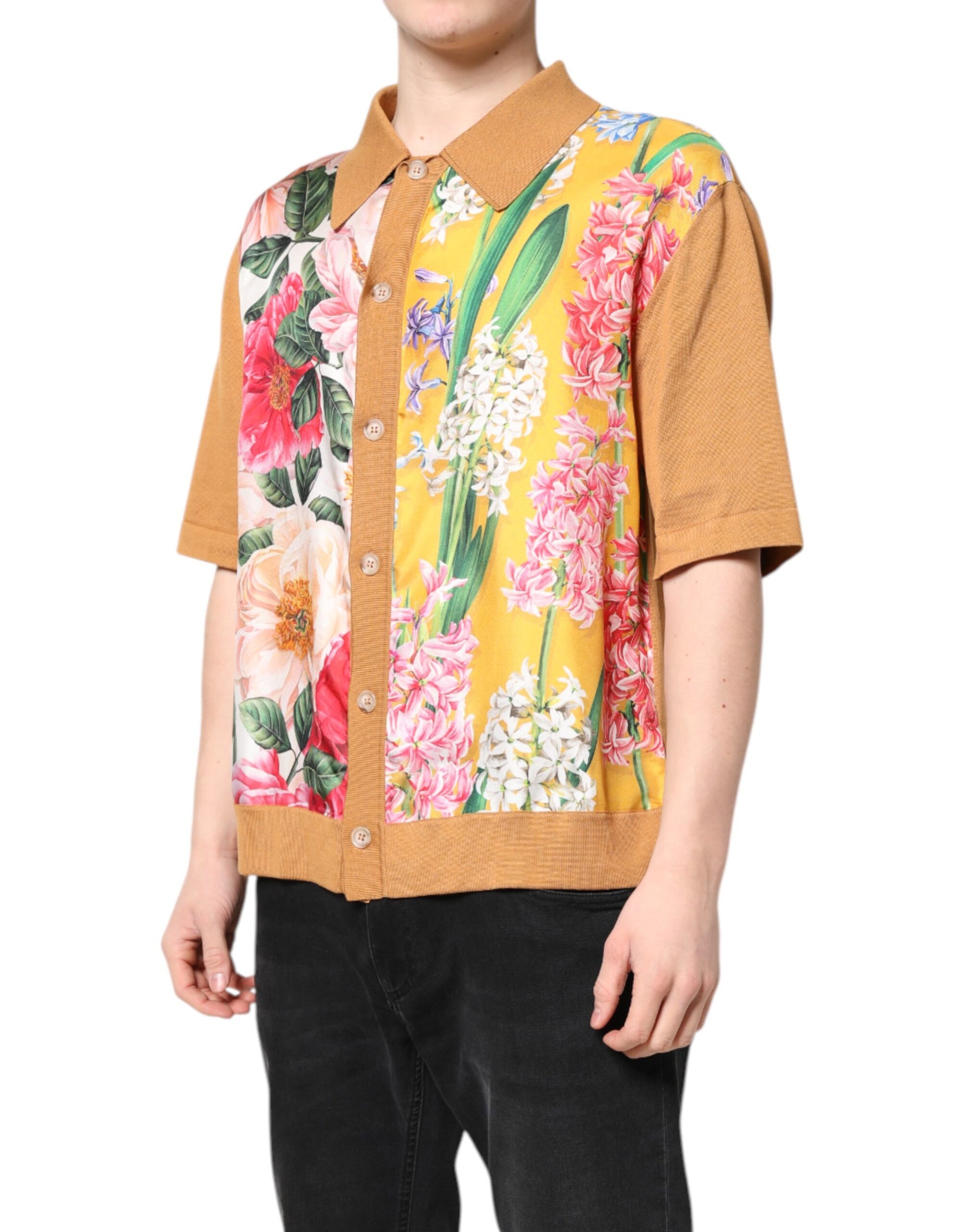 T-shirt à manches courtes et col fleuri marron Dolce &amp; Gabbana