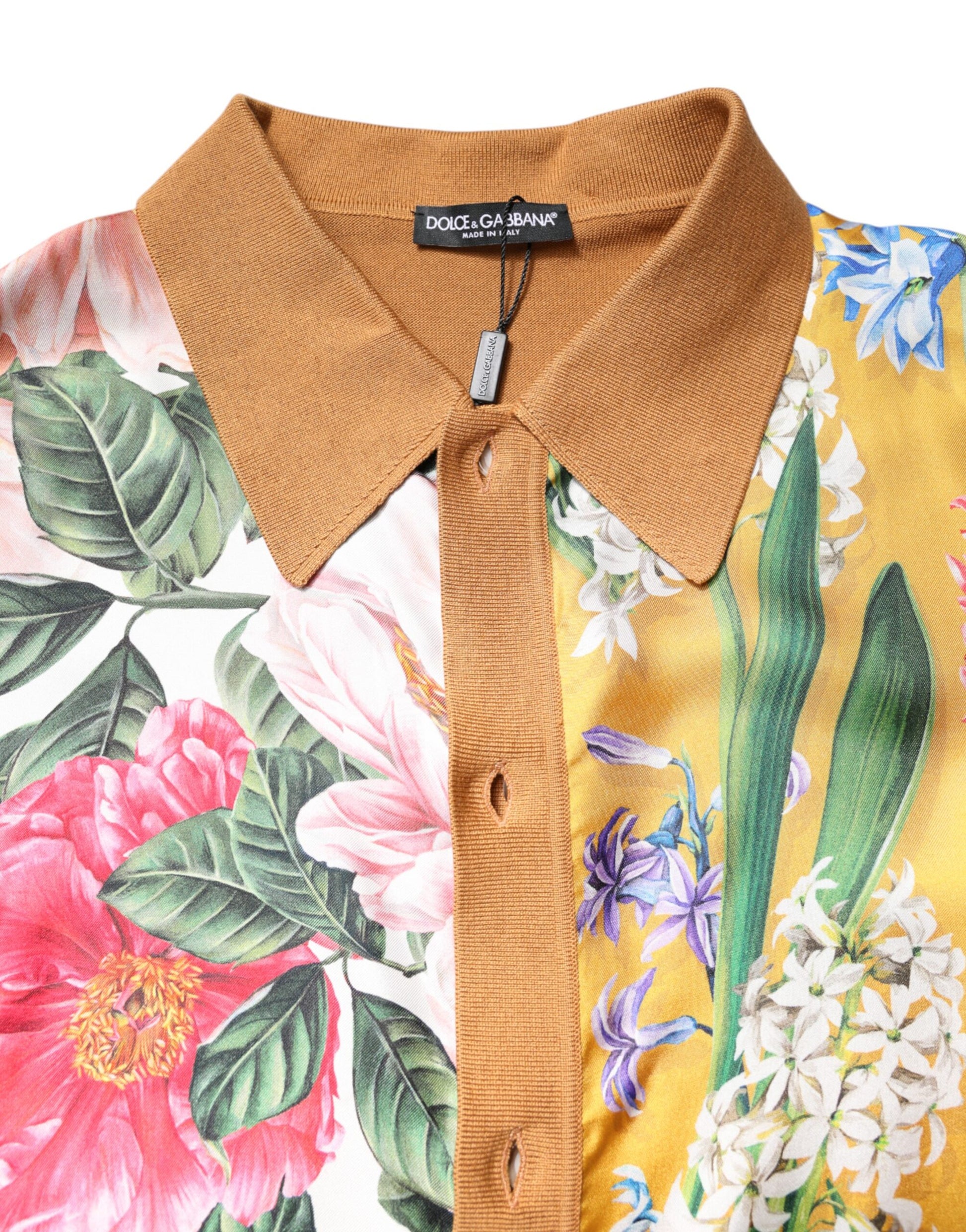 T-shirt à manches courtes et col fleuri marron Dolce &amp; Gabbana