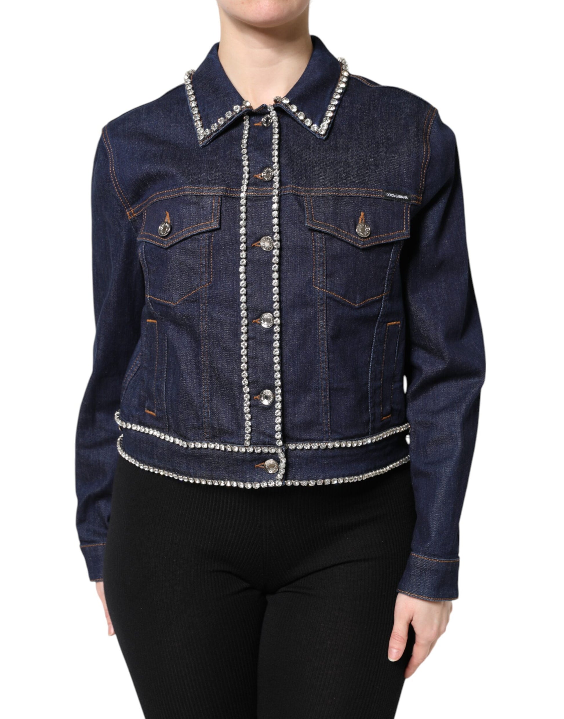 Veste en denim bleu et coton ornée de cristaux Dolce &amp; Gabbana