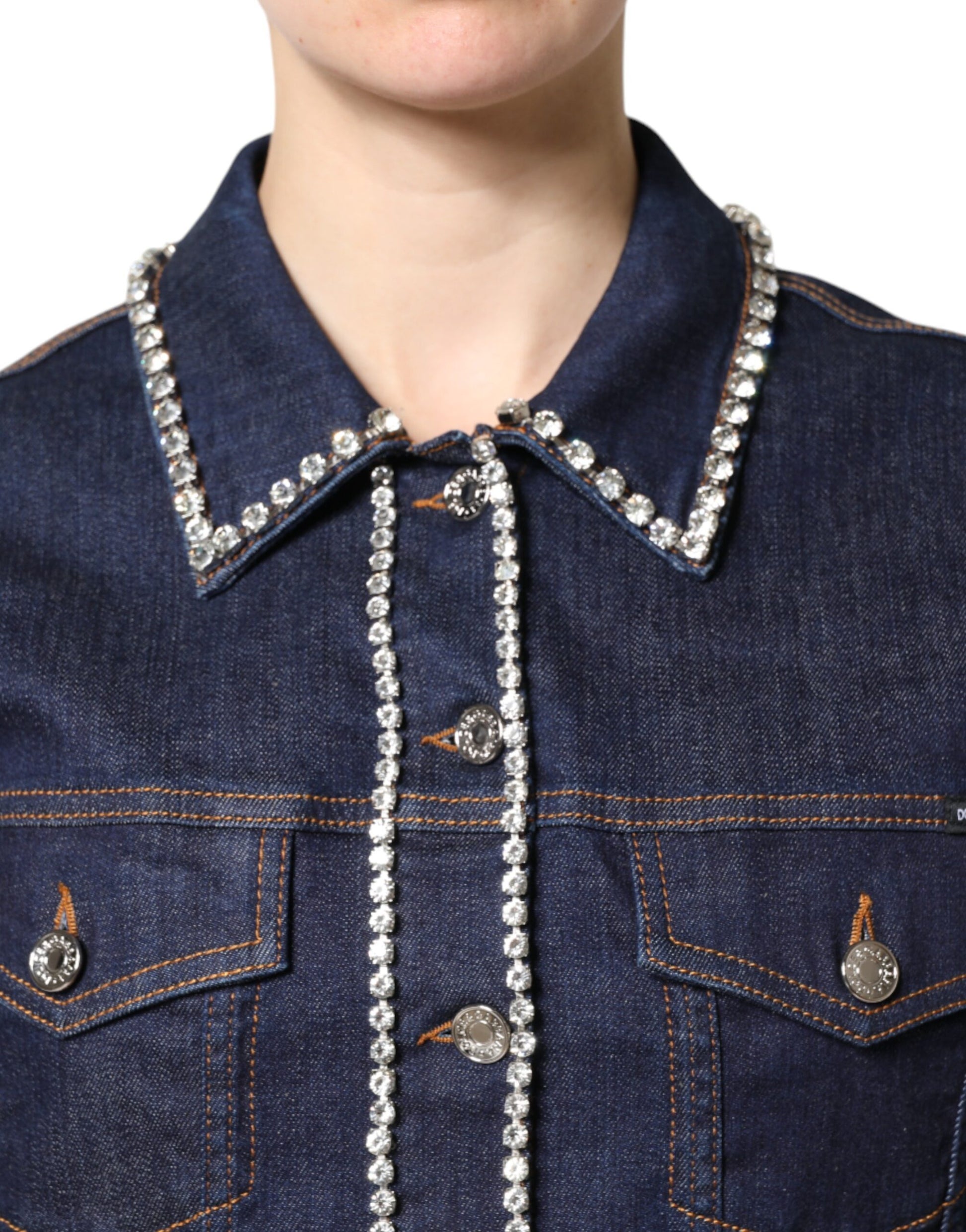 Veste en denim bleu et coton ornée de cristaux Dolce &amp; Gabbana