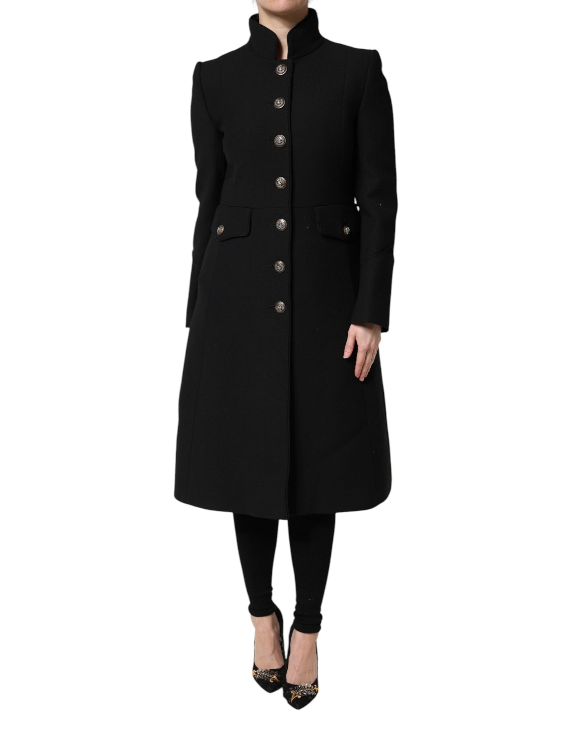 Trench-coat simple boutonnage en laine noire Dolce &amp; Gabbana