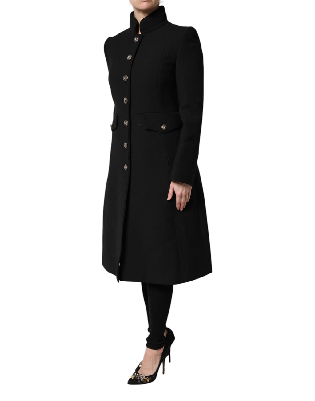 Trench-coat simple boutonnage en laine noire Dolce &amp; Gabbana