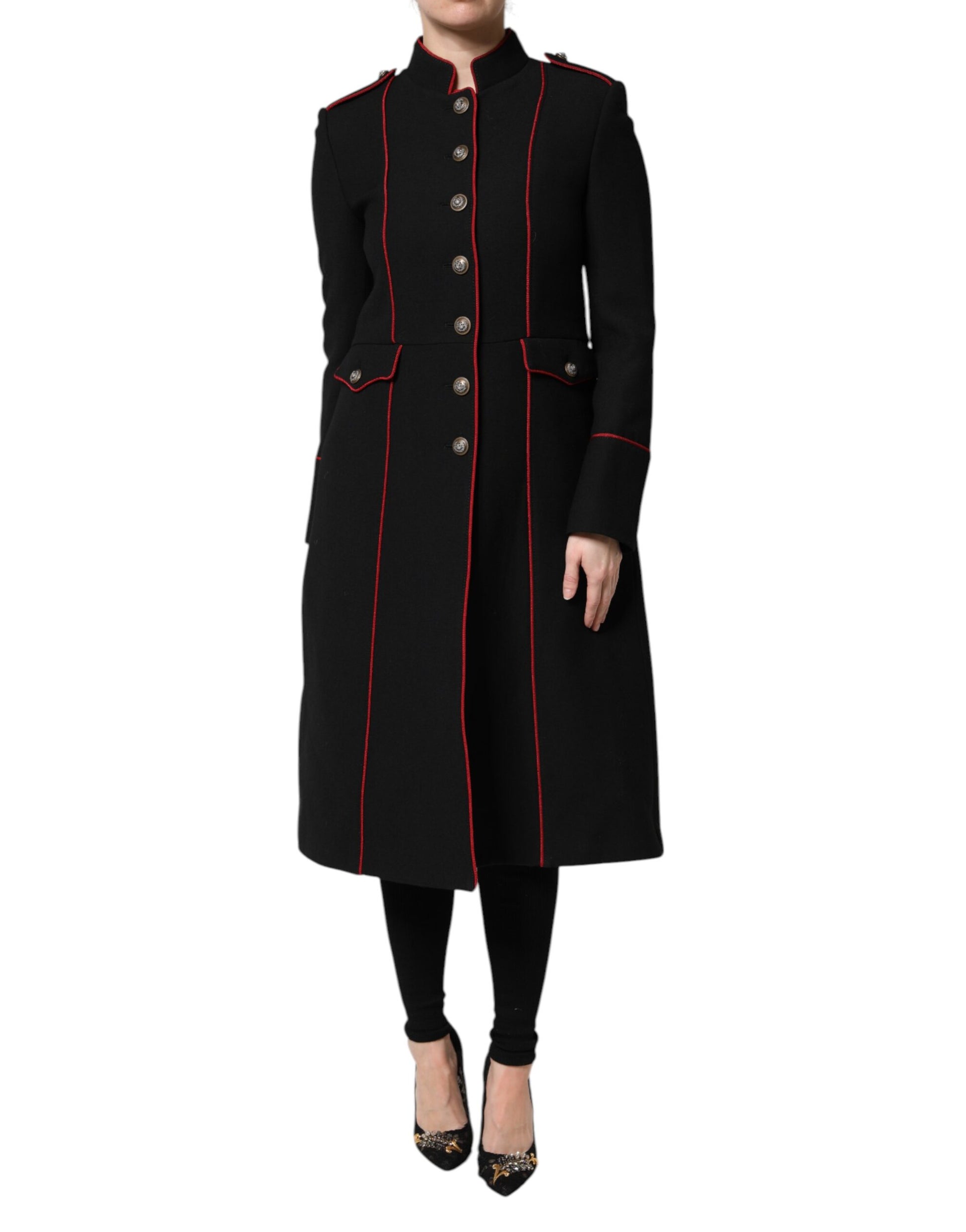Trench-coat simple boutonnage en laine noire Dolce &amp; Gabbana