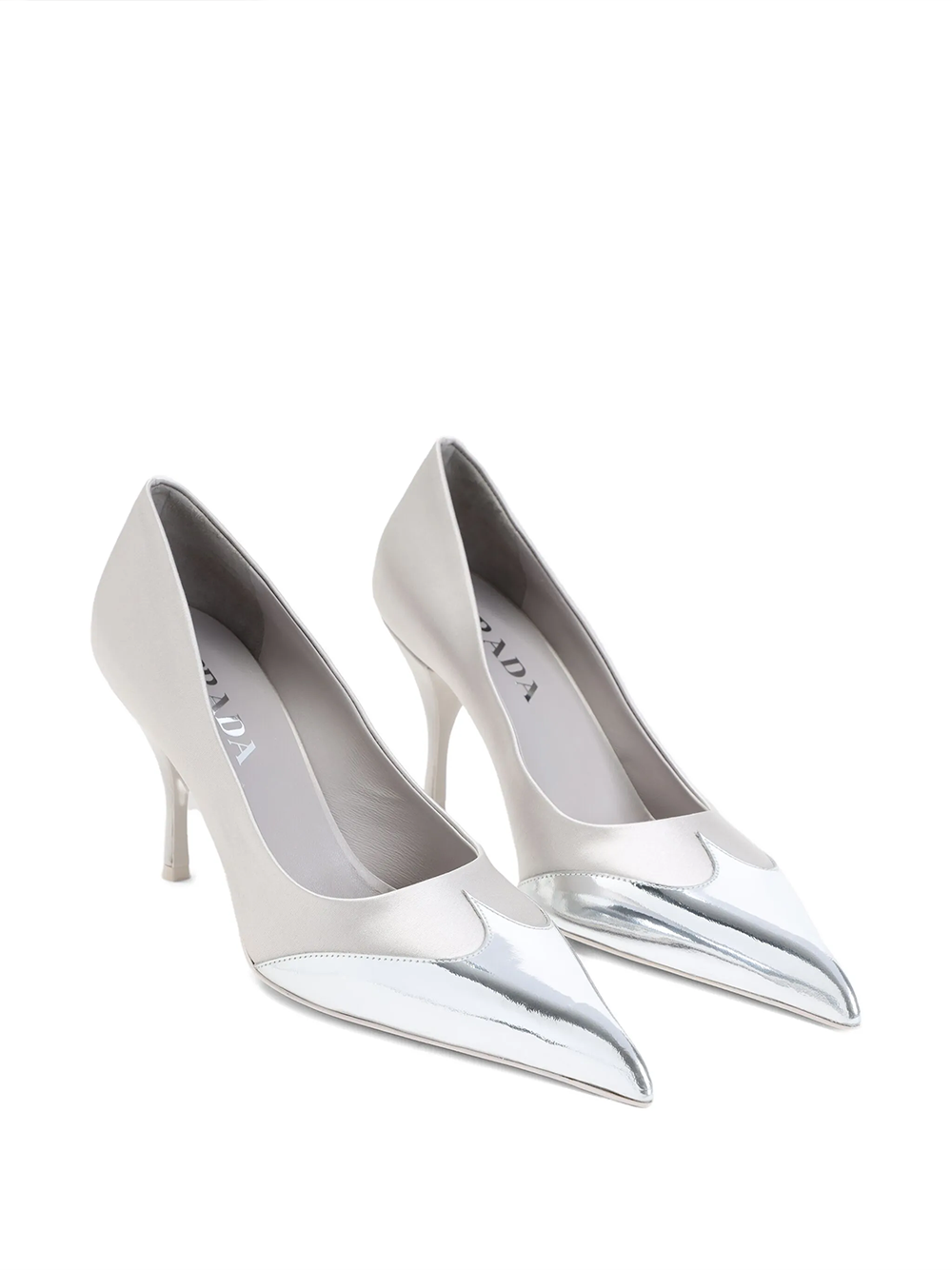 Escarpins Prada en satin et cuir argenté métallisé