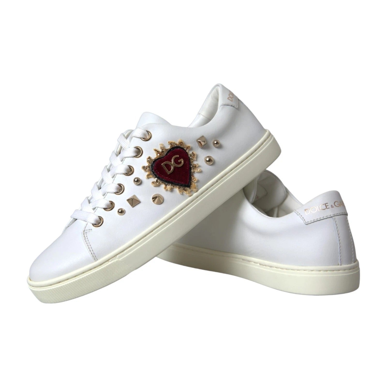 Baskets Dolce &amp; Gabbana en cuir blanc et or avec cœur rouge