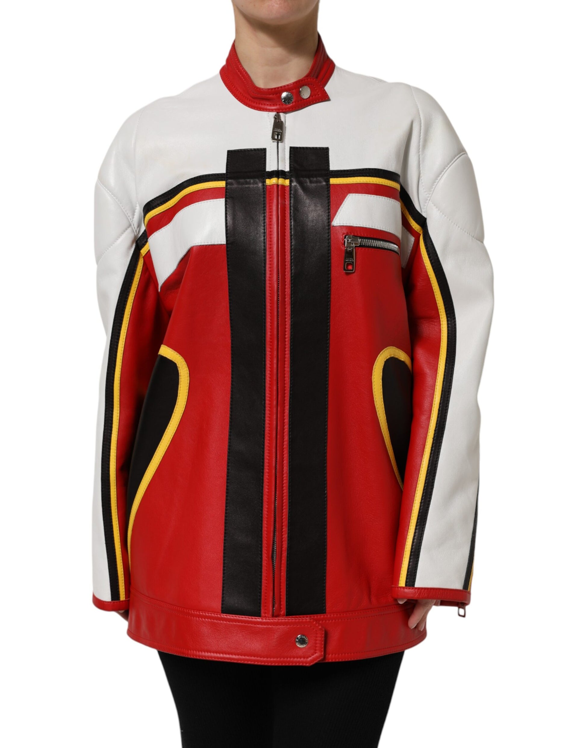 Dolce &amp; Gabbana - Veste motard en cuir multicolore entièrement zippée