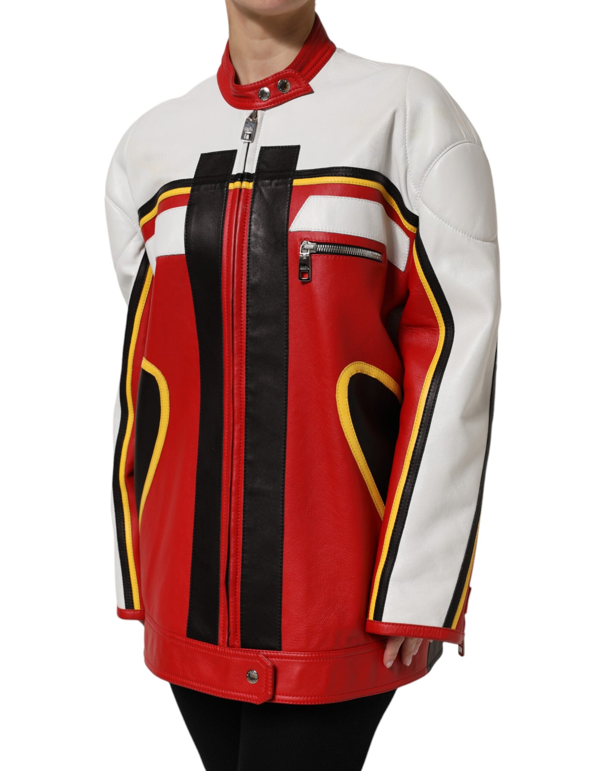 Dolce &amp; Gabbana - Veste motard en cuir multicolore entièrement zippée