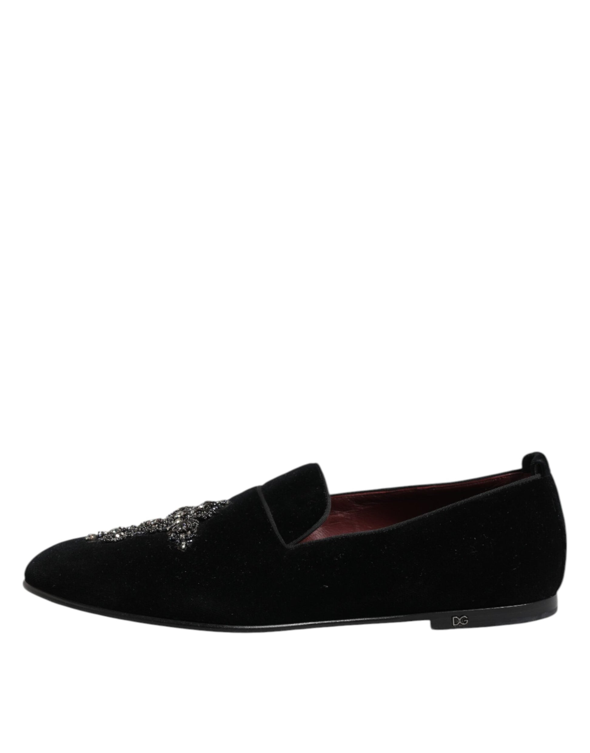 Chaussures habillées en velours noir à couronne de cristal Dolce &amp; Gabbana