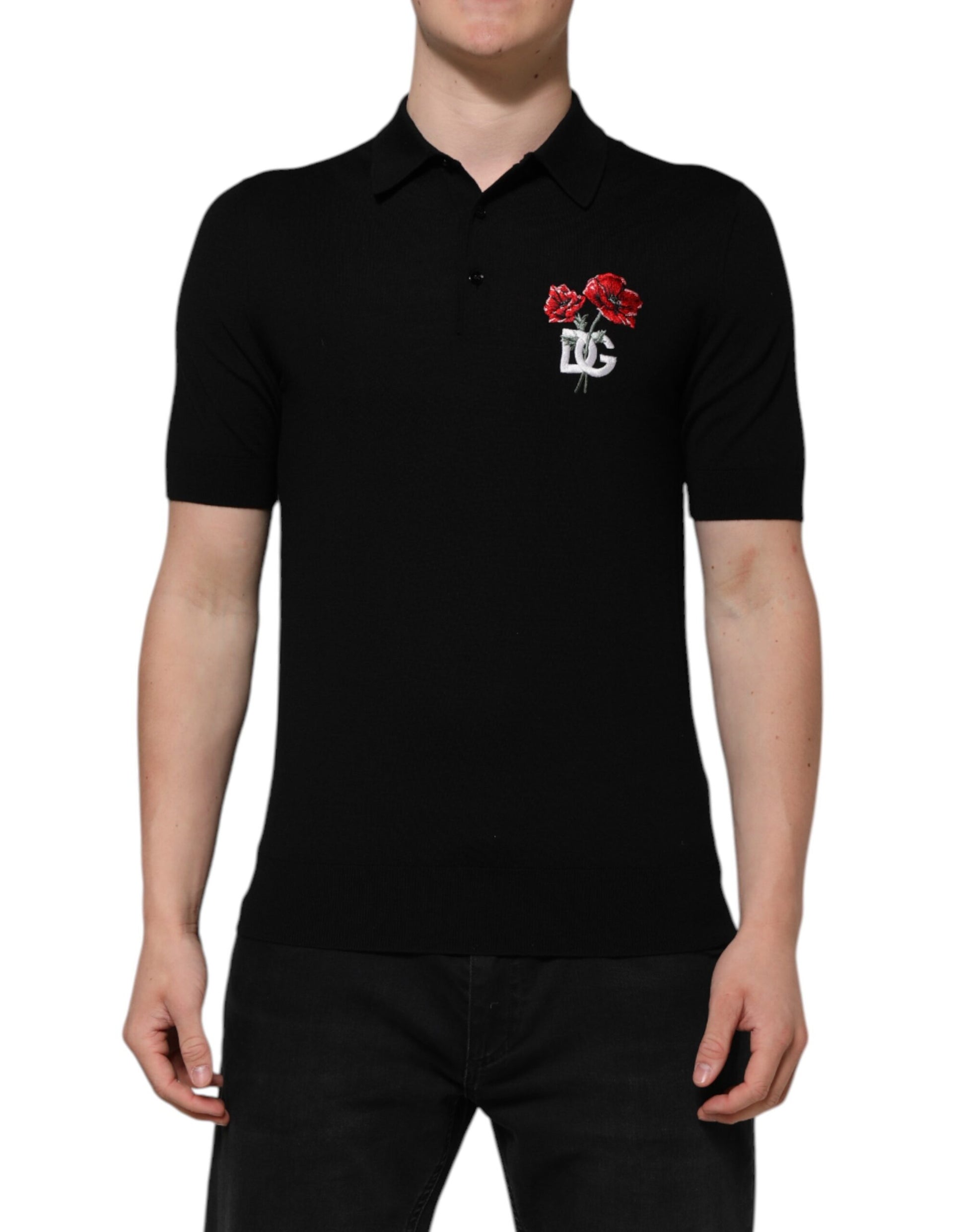 Polo Dolce &amp; Gabbana en laine noire avec logo DG et col rose