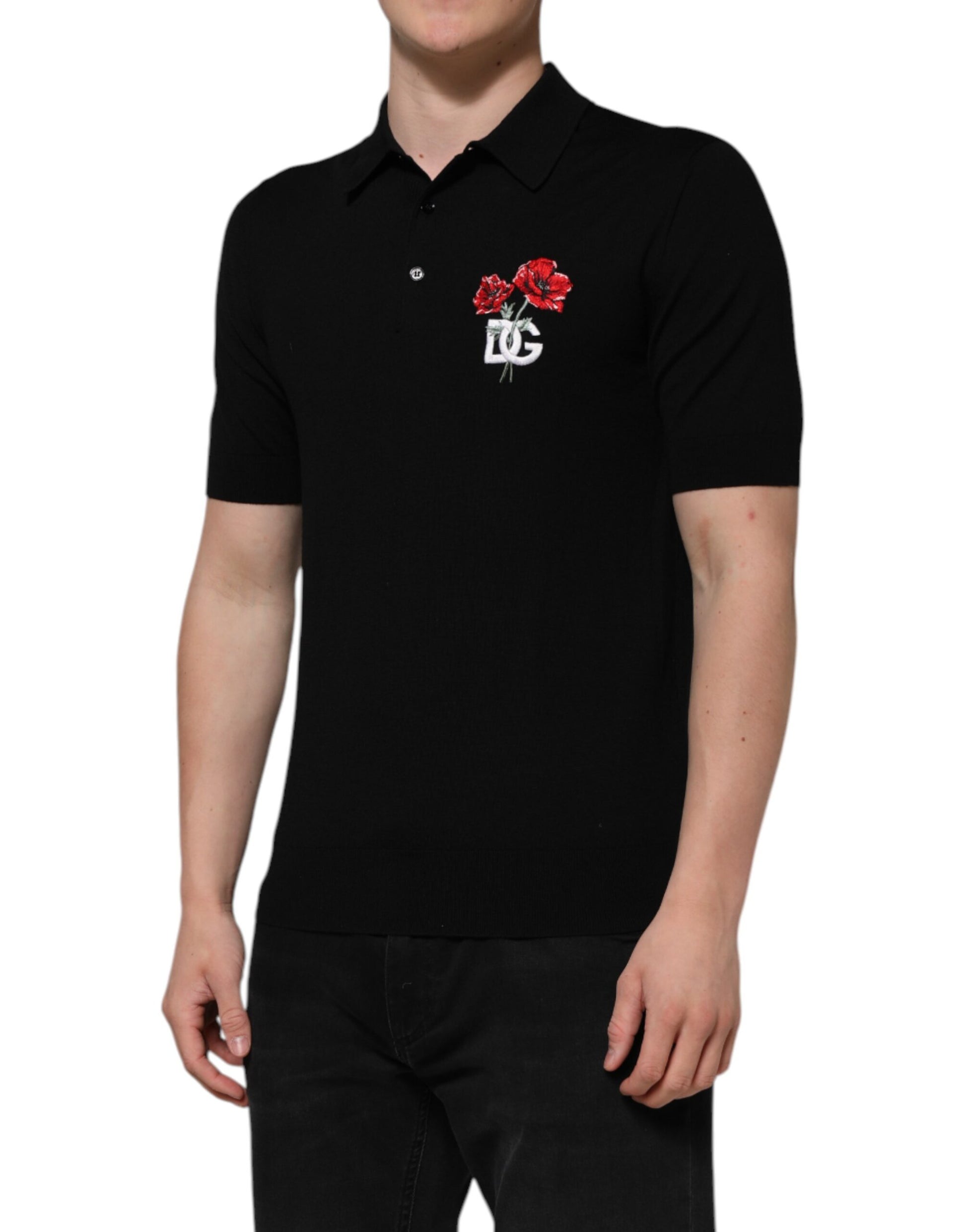 Polo Dolce &amp; Gabbana en laine noire avec logo DG et col rose