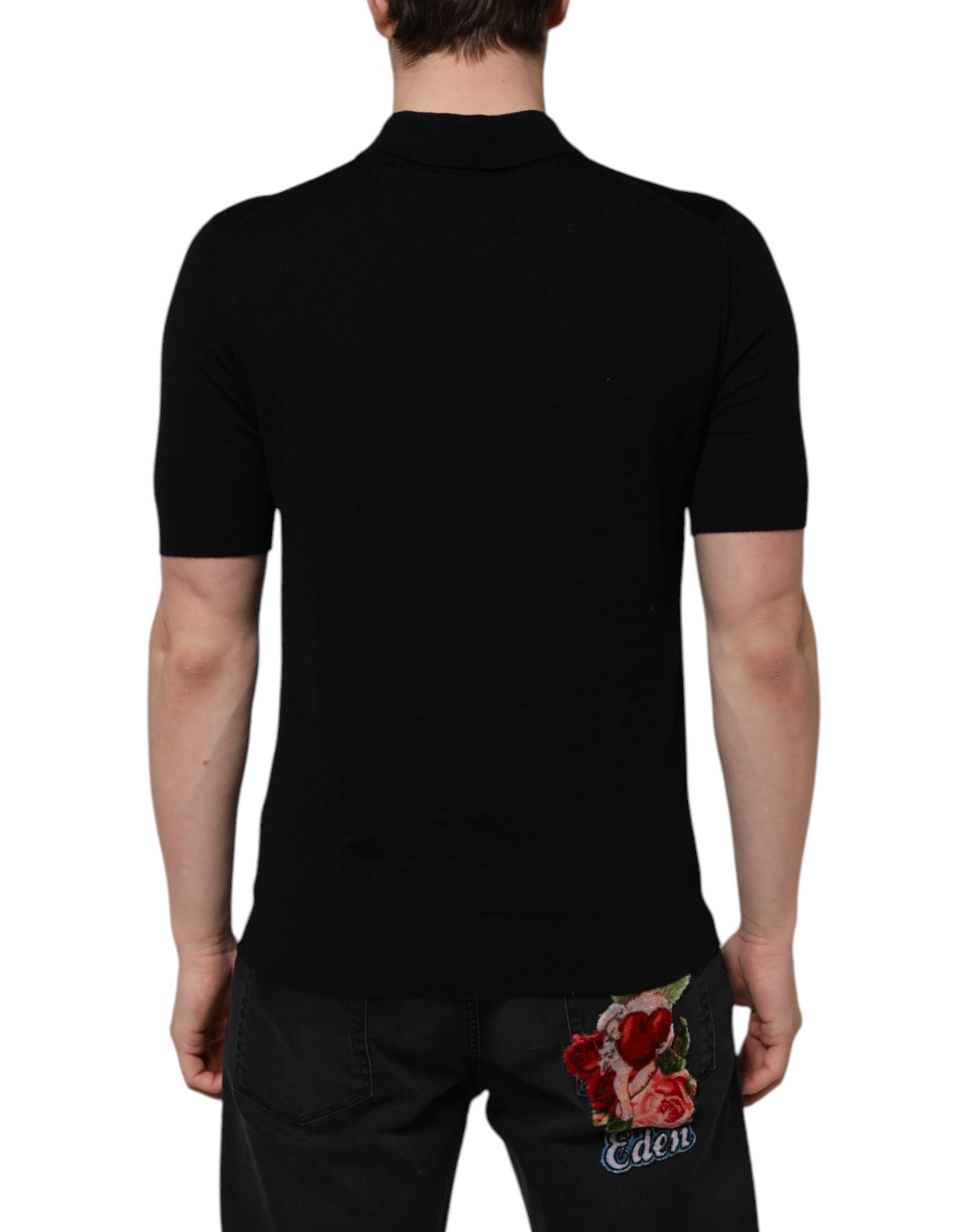Polo Dolce &amp; Gabbana en laine noire avec logo DG et col rose