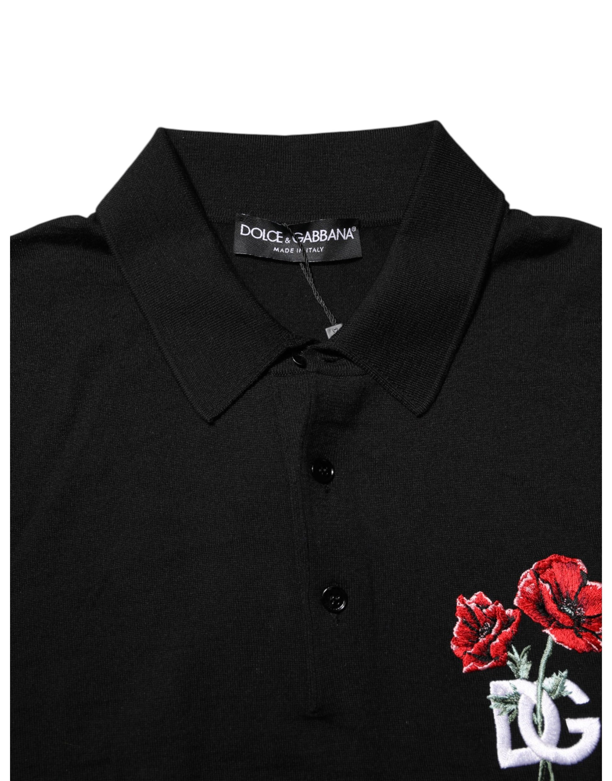 Polo Dolce &amp; Gabbana en laine noire avec logo DG et col rose