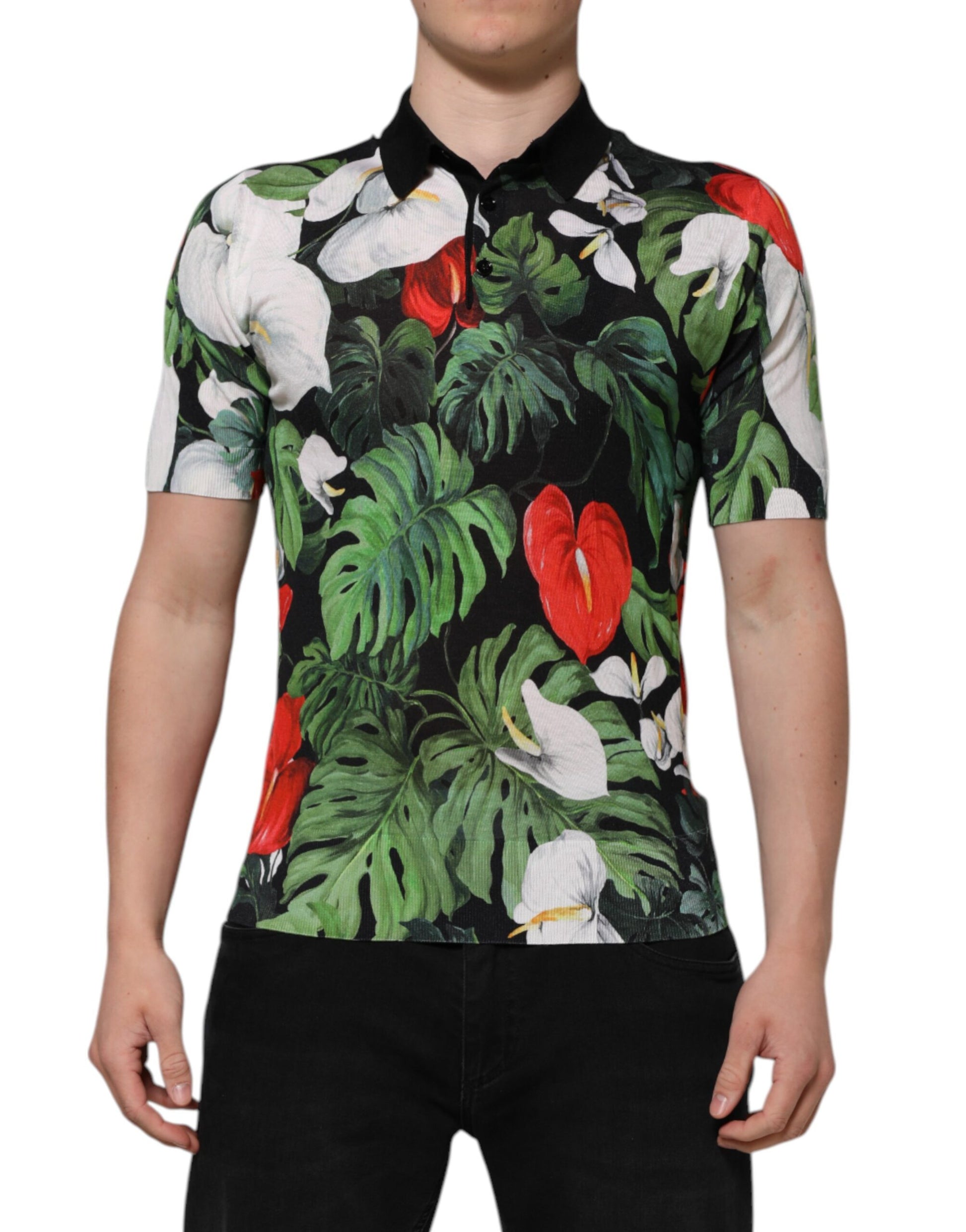 Polo à col en soie à fleurs multicolores Dolce &amp; Gabbana