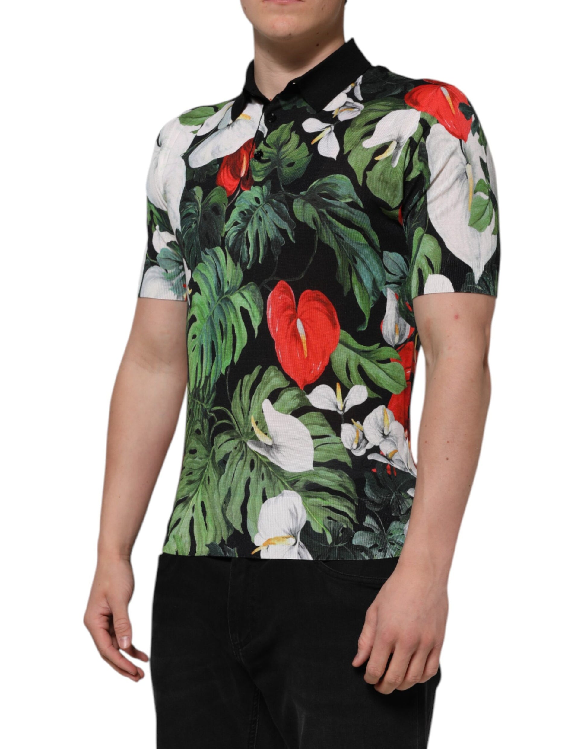 Polo à col en soie à fleurs multicolores Dolce &amp; Gabbana