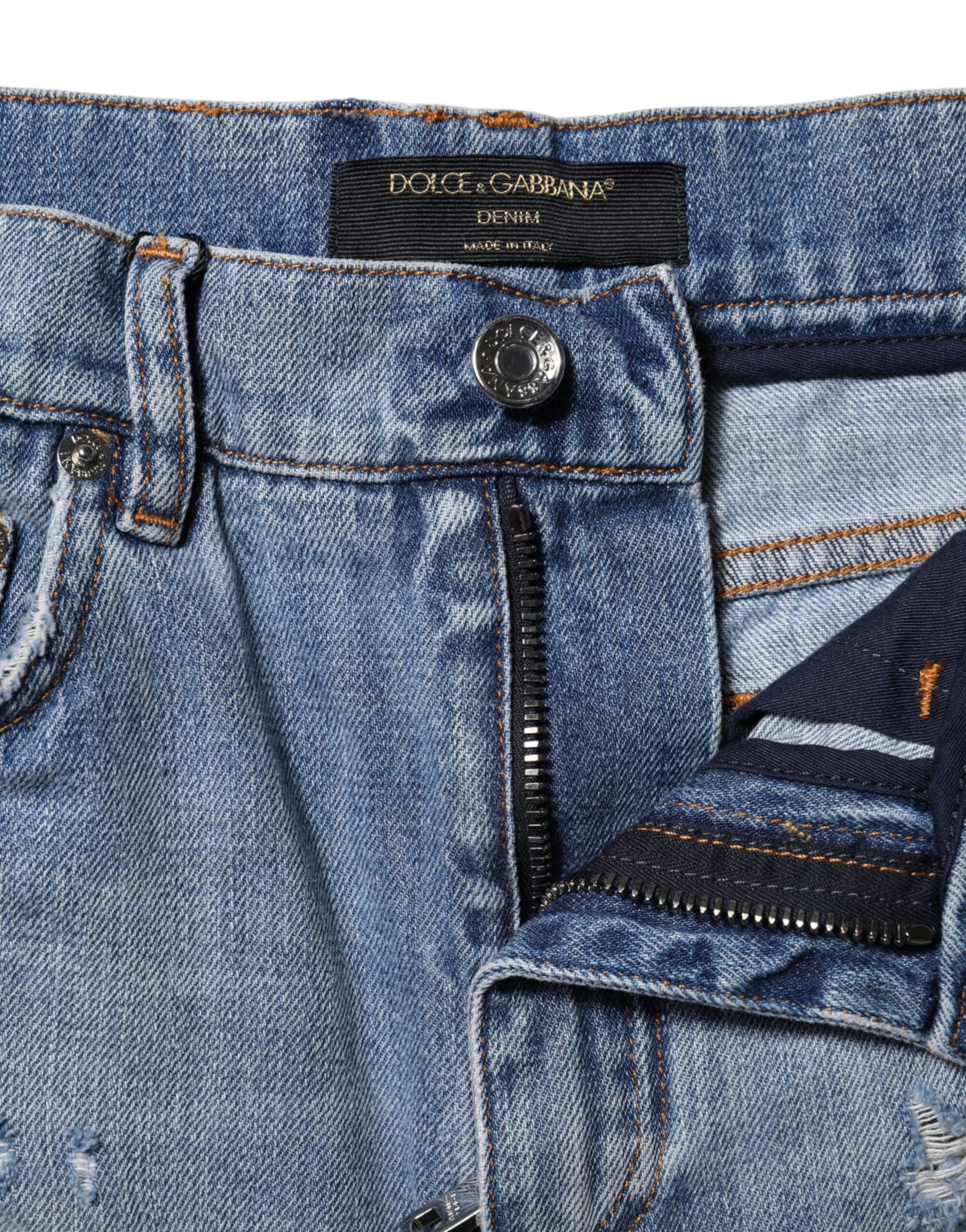 Short en denim et coton avec plaque logo bleu Dolce &amp; Gabbana