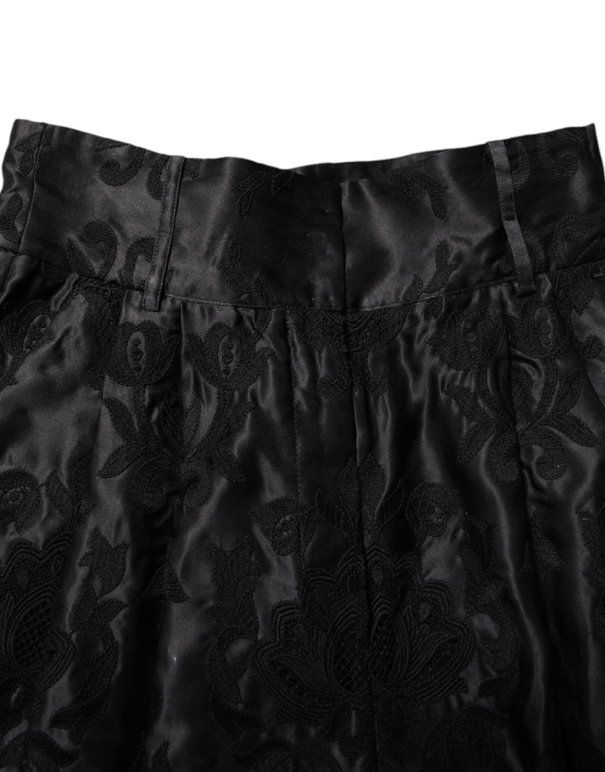 Short taille haute en soie à broderies florales noires Dolce &amp; Gabbana
