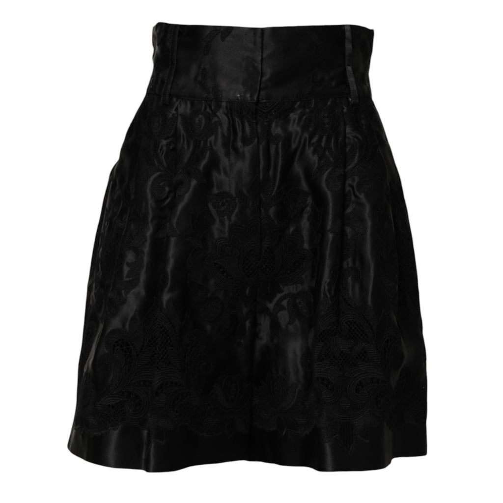 Short taille haute en soie à broderies florales noires Dolce &amp; Gabbana