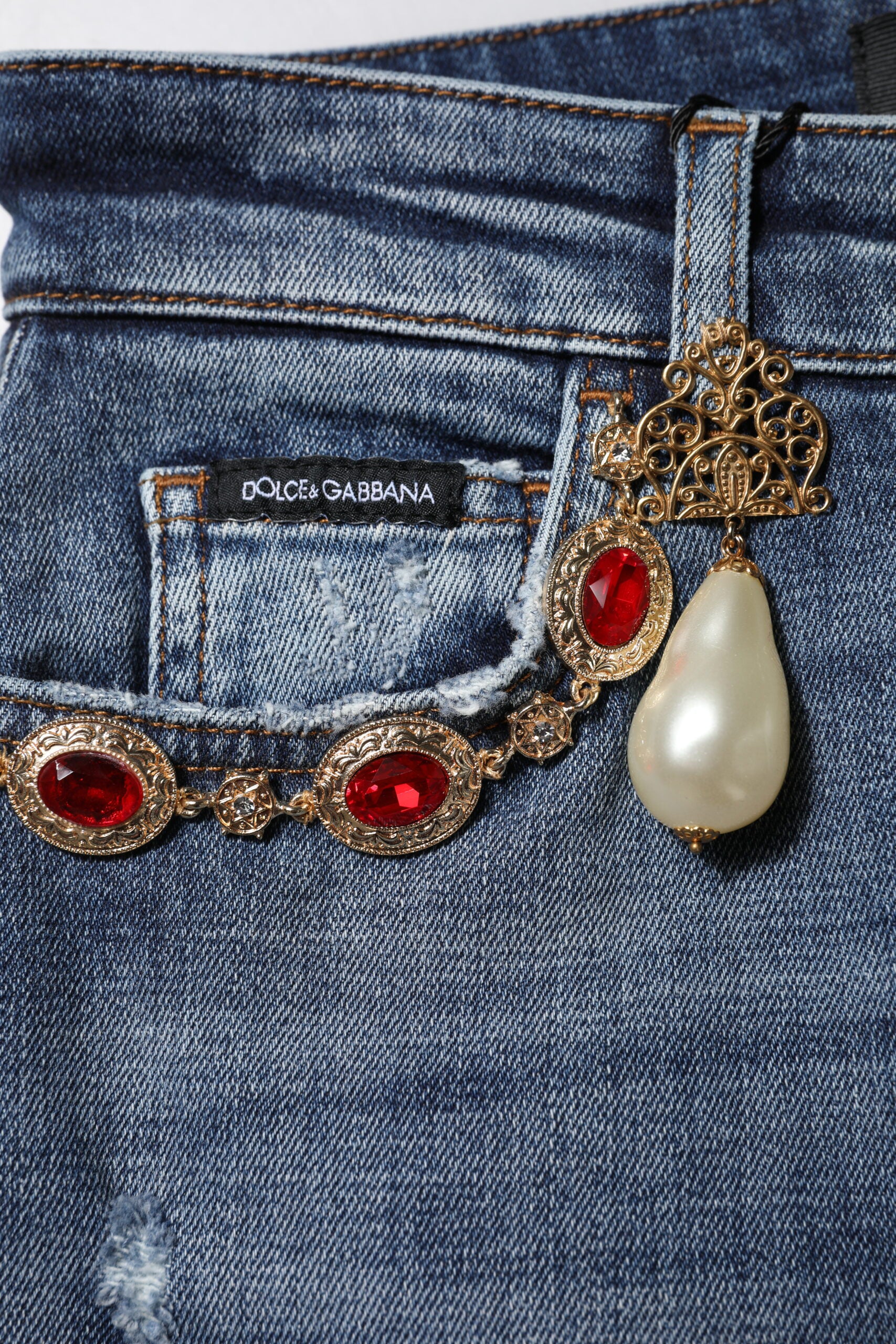 Jean en denim bleu orné de strass Dolce &amp; Gabbana