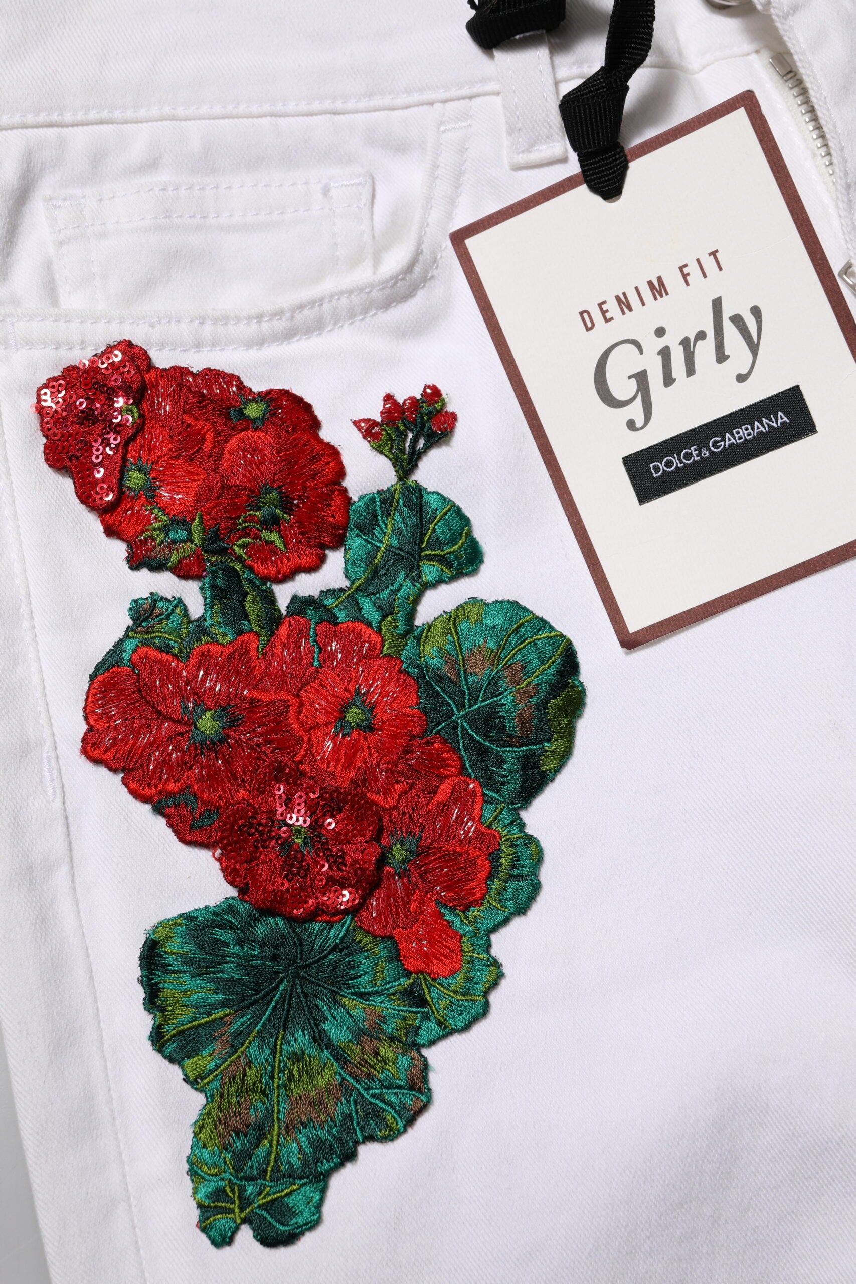 Jean en denim blanc à broderies florales GIRLY Dolce &amp; Gabbana 