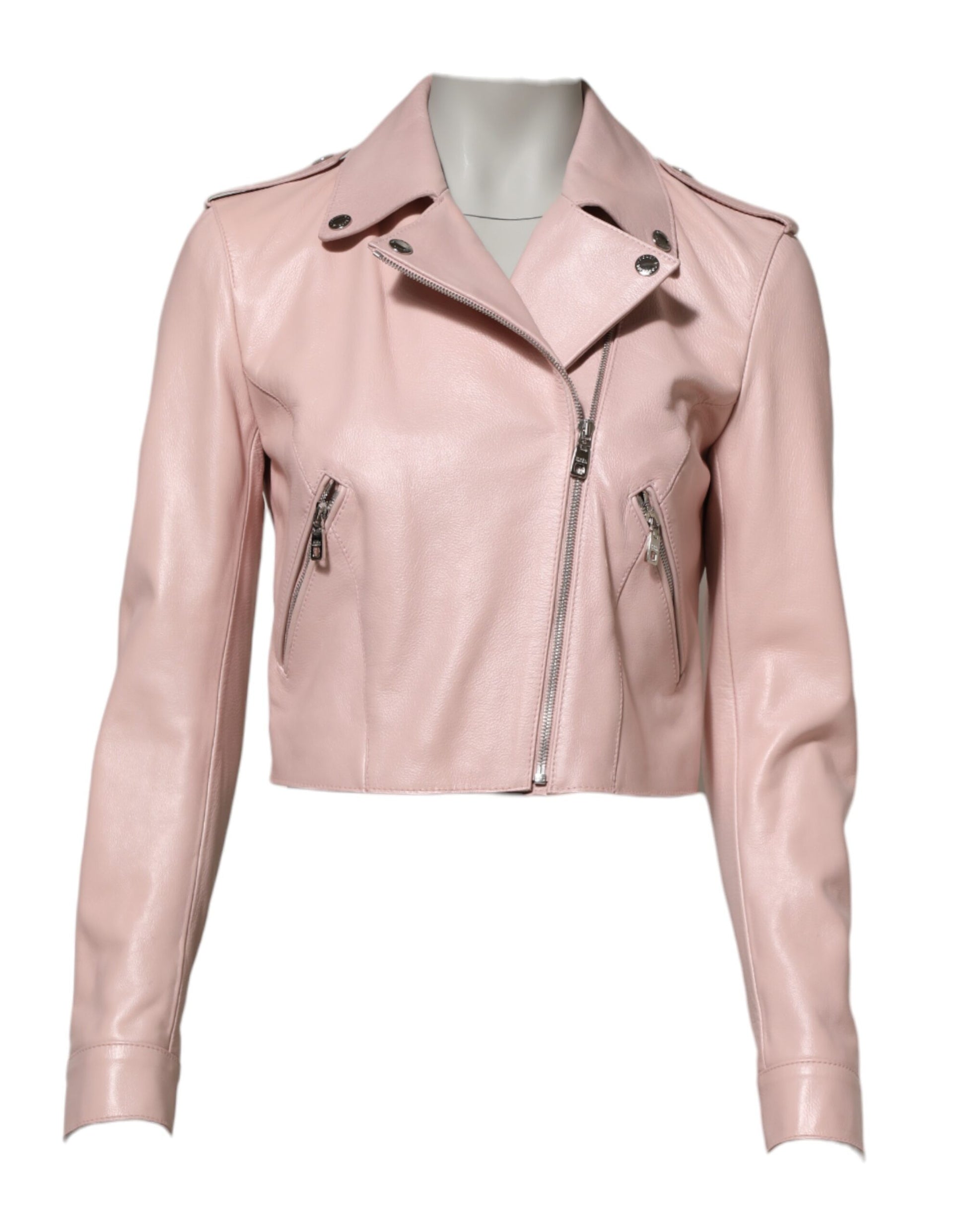 Veste motard en cuir rose clair à col Dolce &amp; Gabbana pour femme