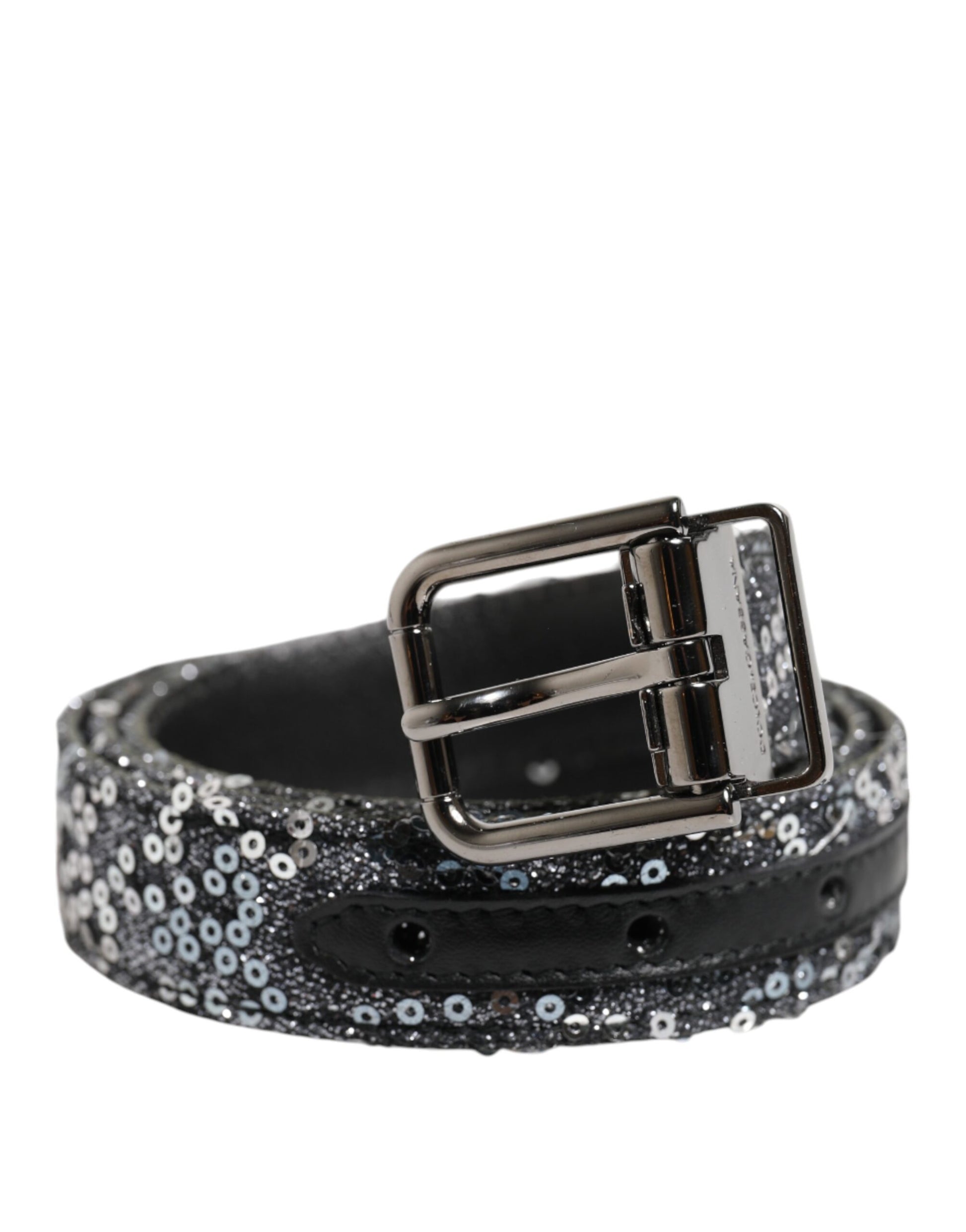 Ceinture Dolce &amp; Gabbana à paillettes noires et boucle logo en métal argenté
