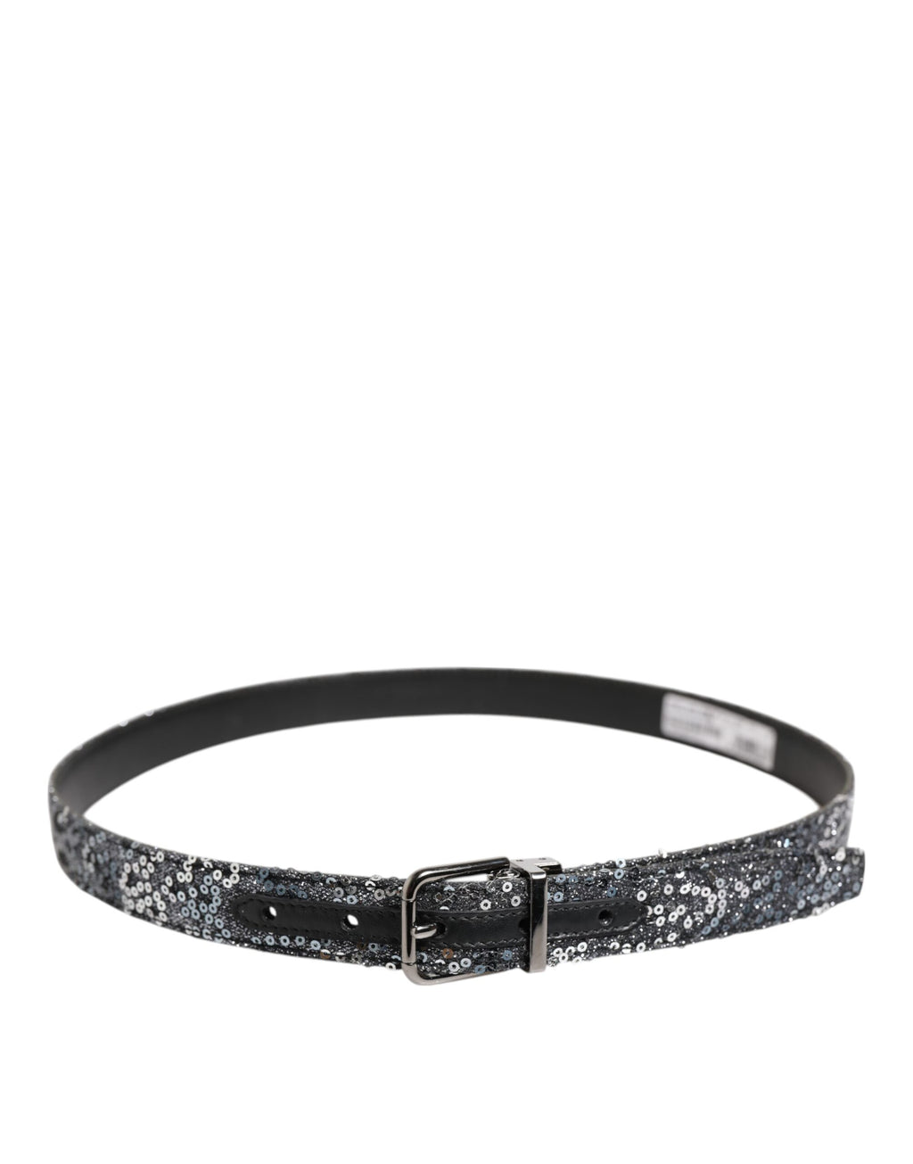 Ceinture Dolce &amp; Gabbana à paillettes noires et boucle logo en métal argenté