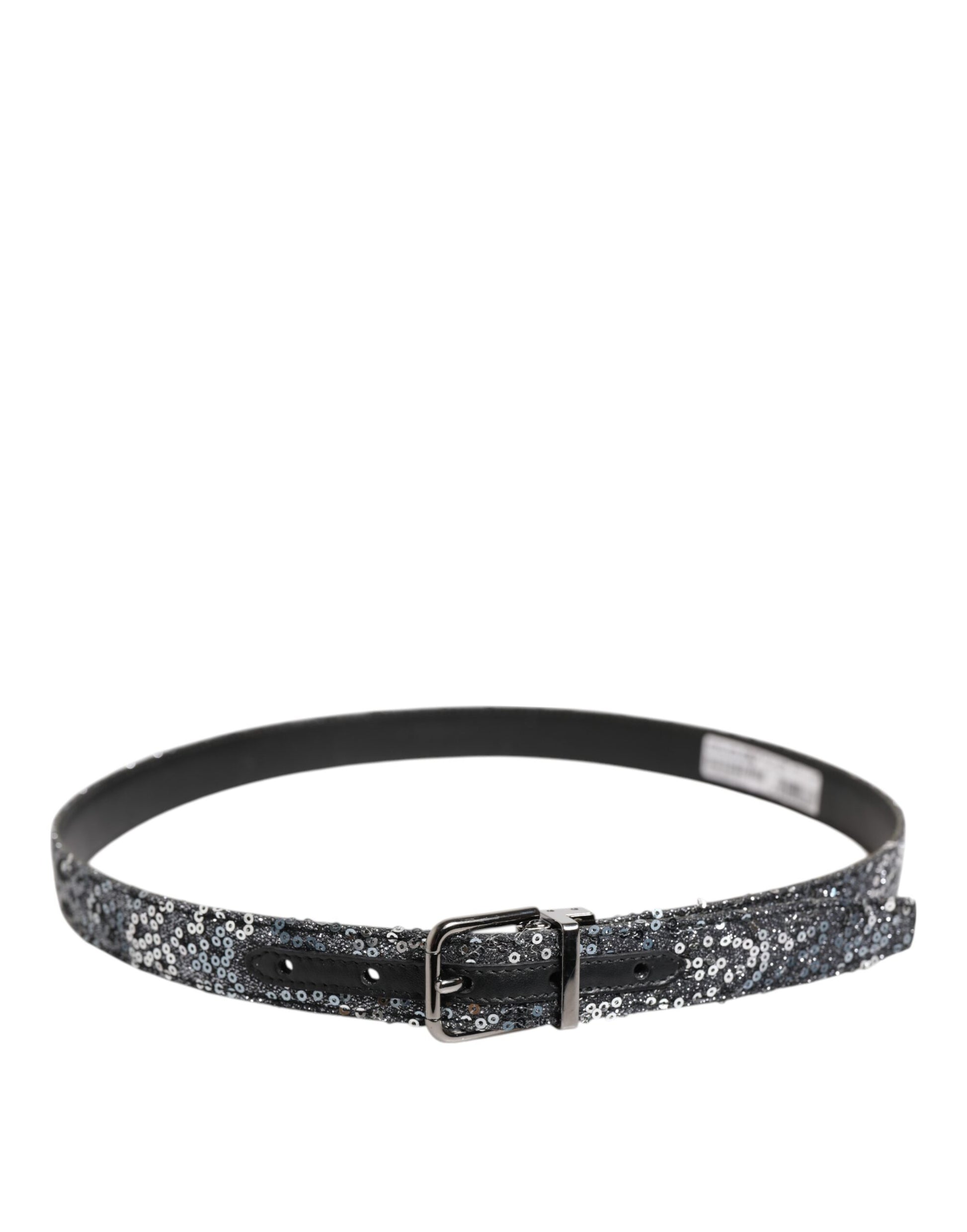 Ceinture Dolce &amp; Gabbana à paillettes noires et boucle logo en métal argenté