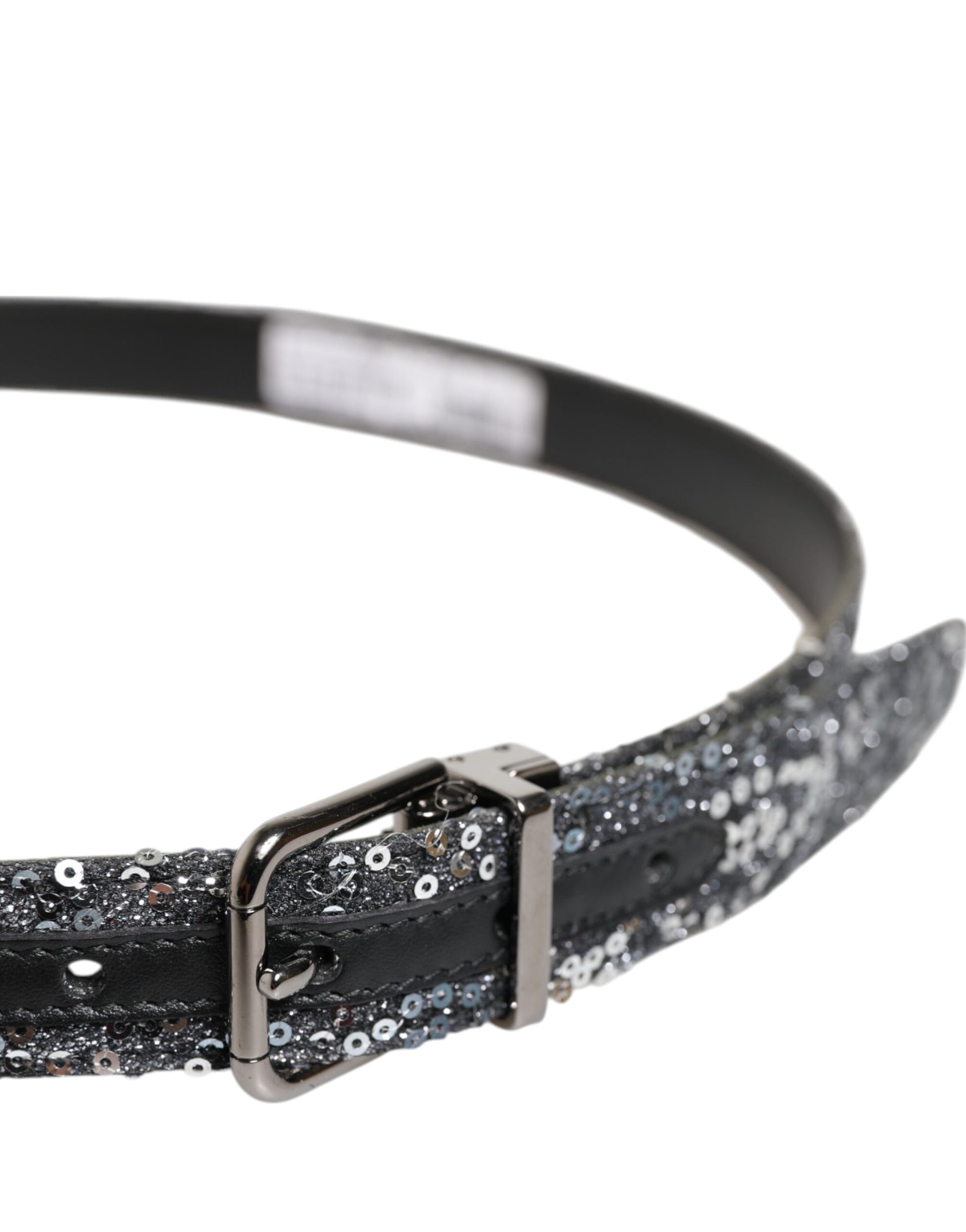 Ceinture Dolce &amp; Gabbana à paillettes noires et boucle logo en métal argenté