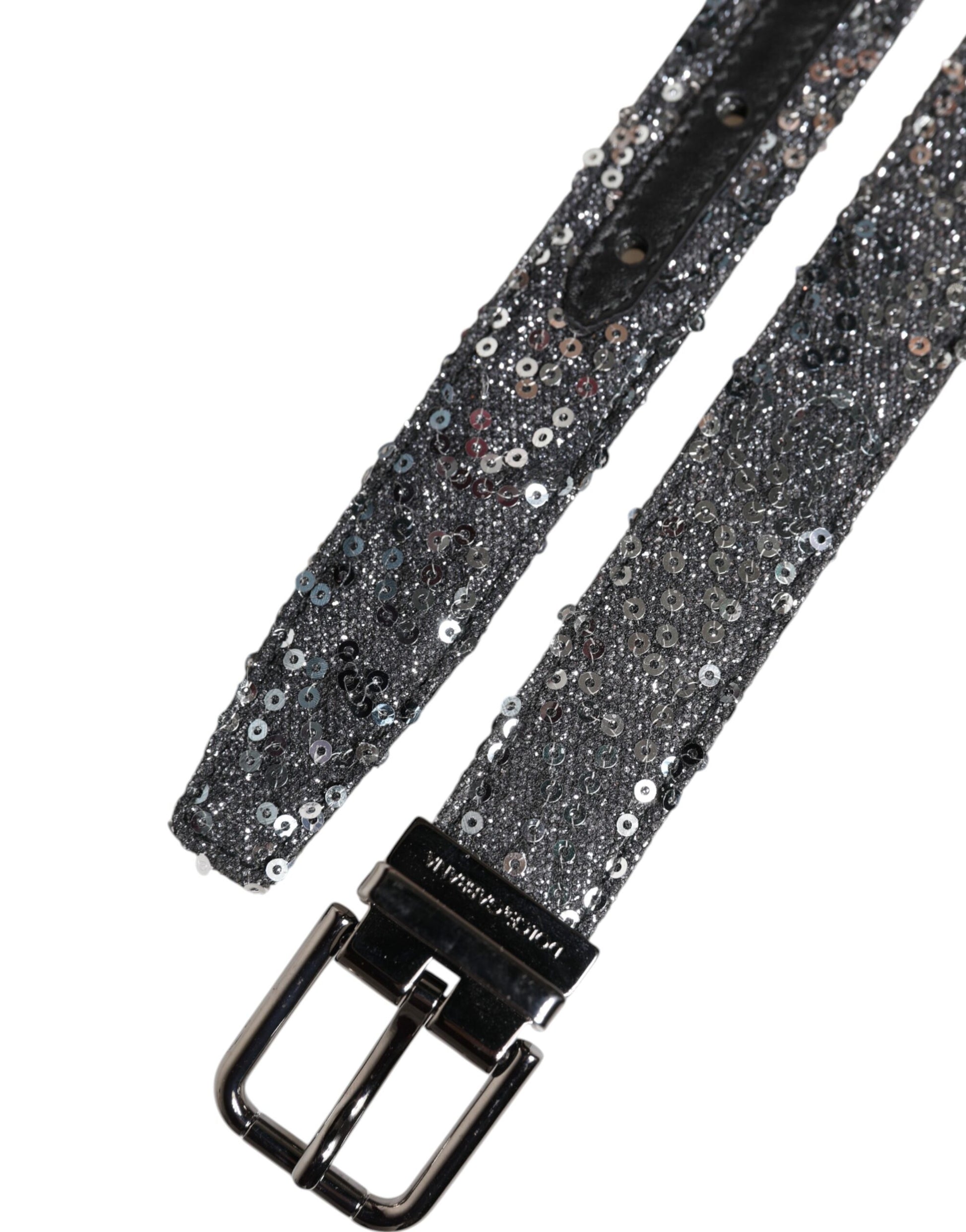 Ceinture Dolce &amp; Gabbana à paillettes noires et boucle logo en métal argenté