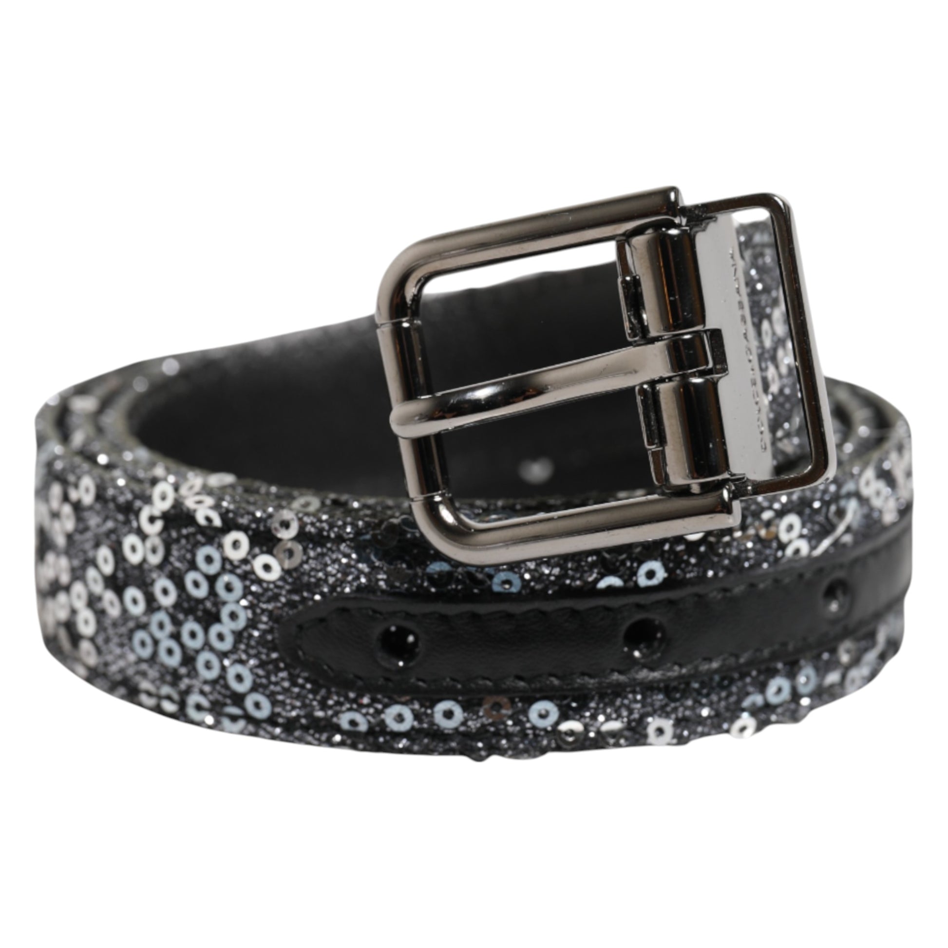 Ceinture Dolce &amp; Gabbana à paillettes noires et boucle logo en métal argenté