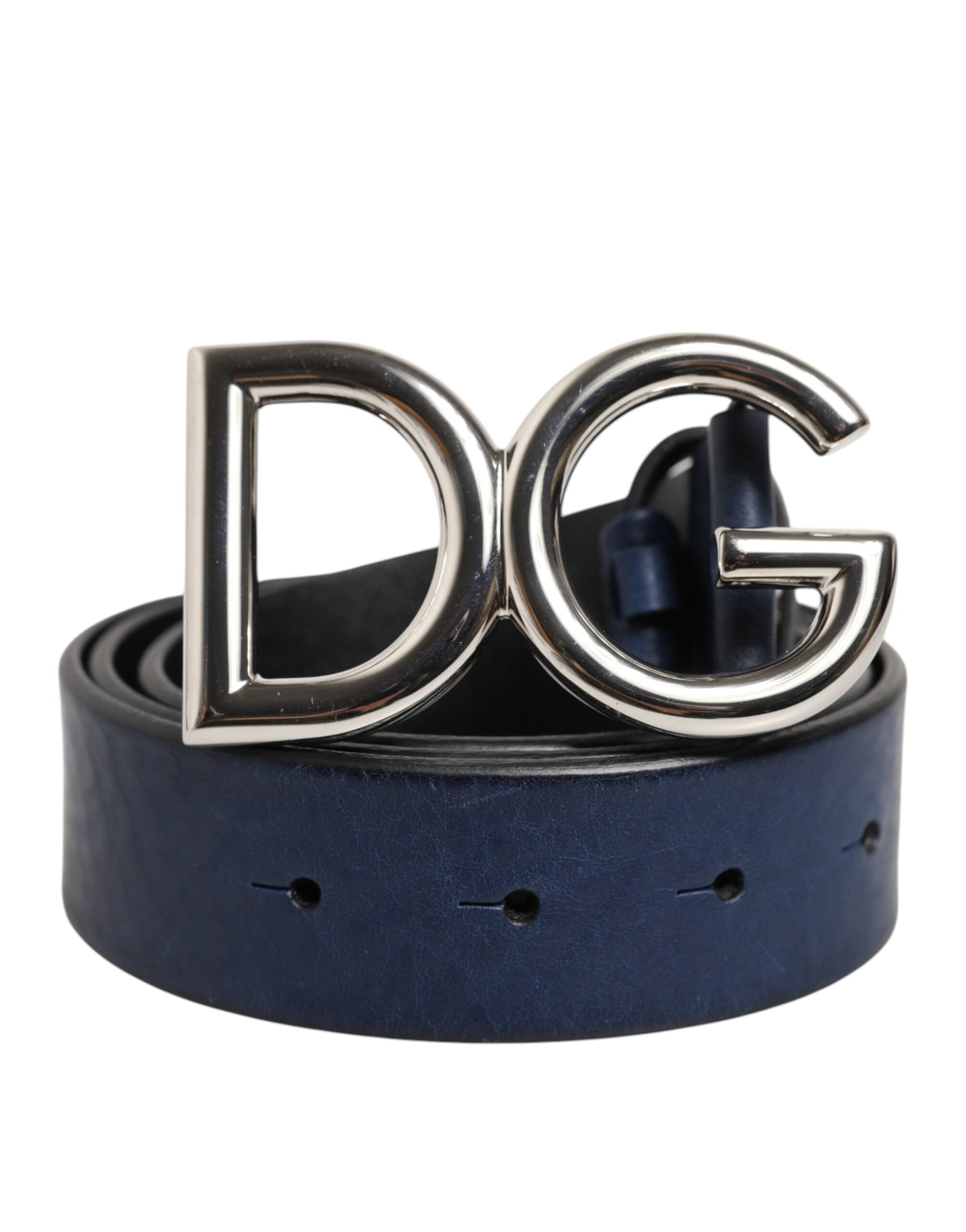 Ceinture Dolce &amp; Gabbana bleue classique en métal argenté avec boucle logo DG
