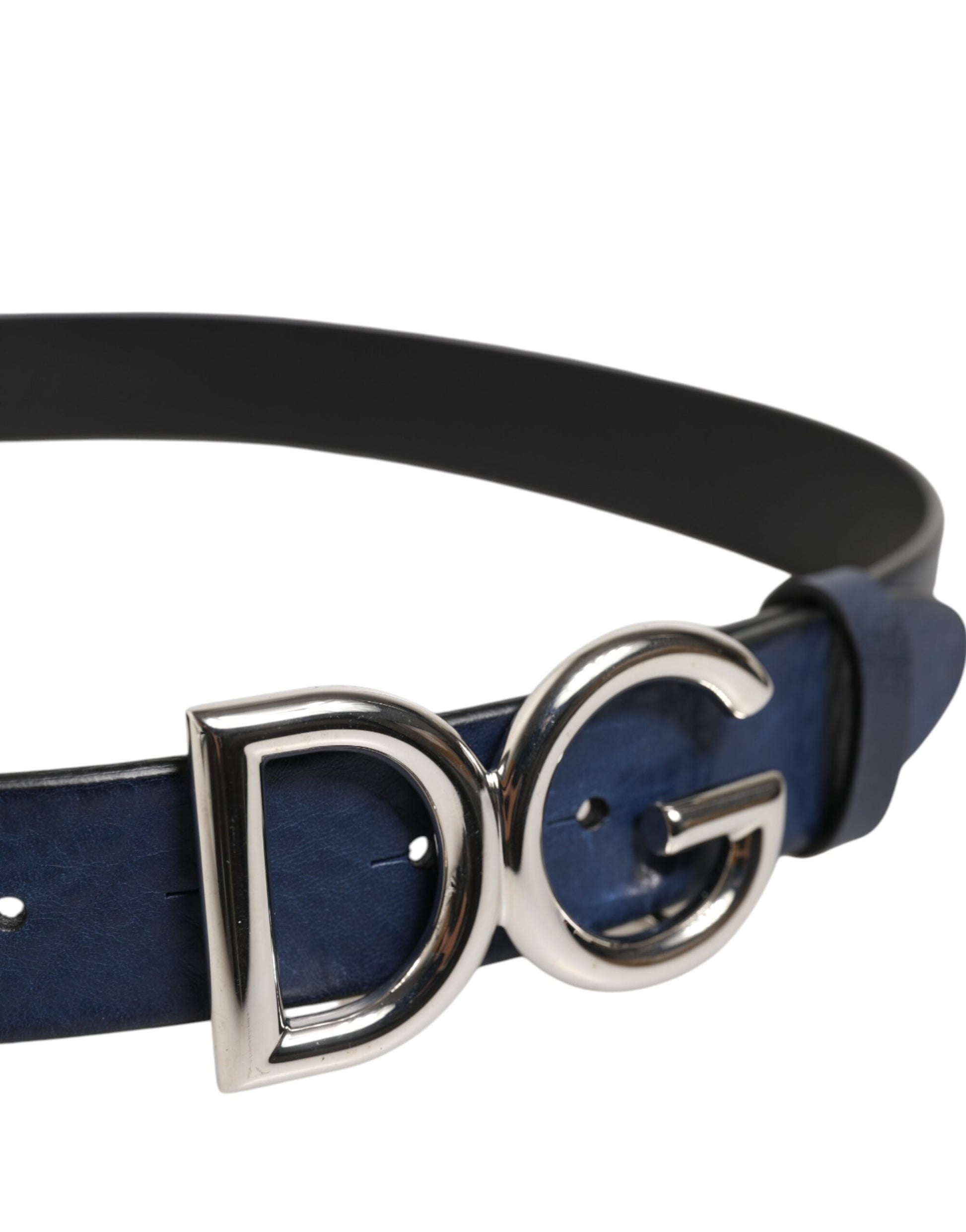 Ceinture Dolce &amp; Gabbana bleue classique en métal argenté avec boucle logo DG