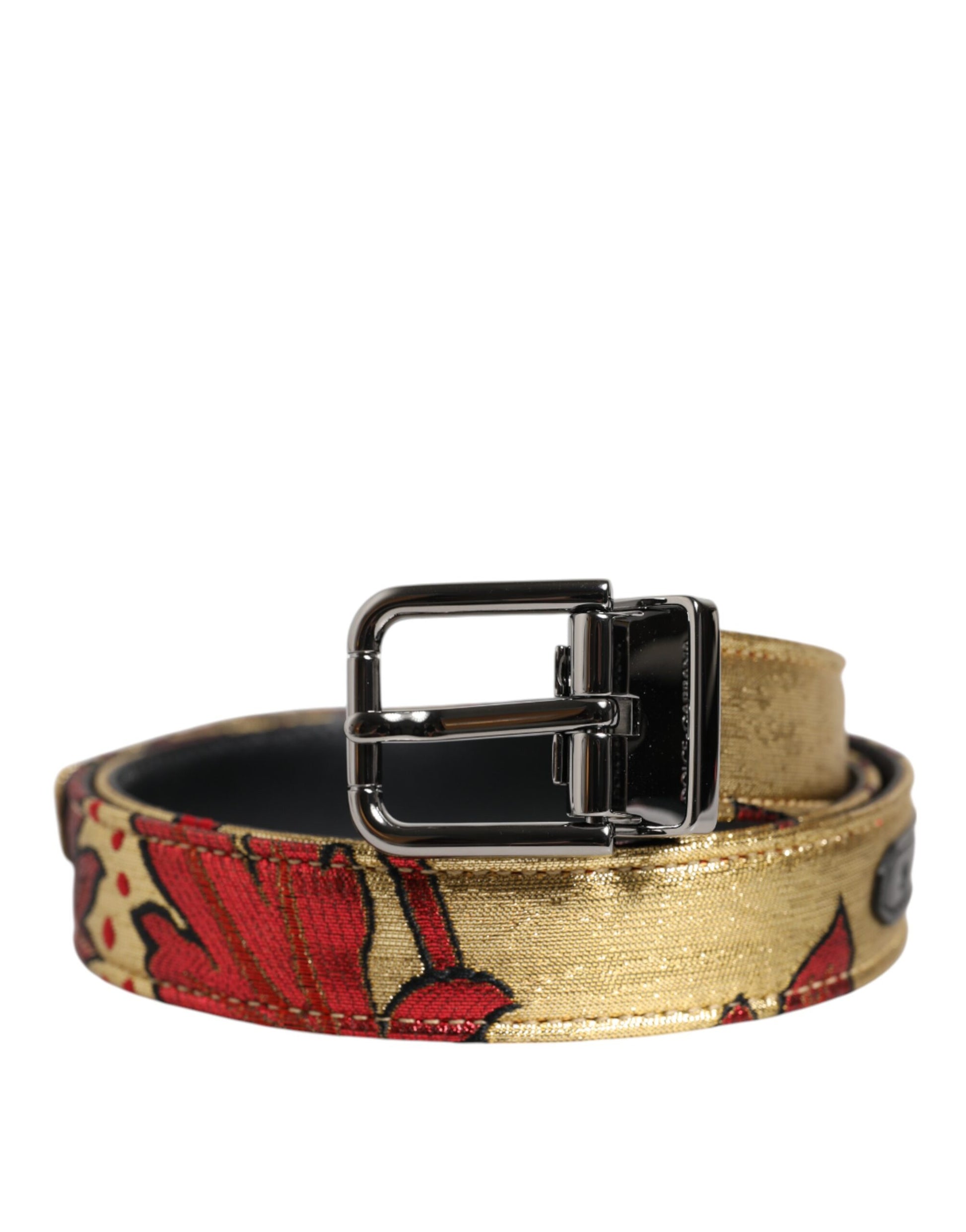 Ceinture Dolce &amp; Gabbana en jacquard floral doré avec boucle en métal argenté