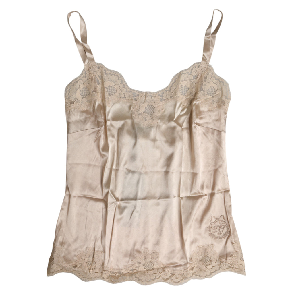 Dolce &amp; Gabbana Débardeur en satin de soie et dentelle beige Sous-vêtements de lingerie