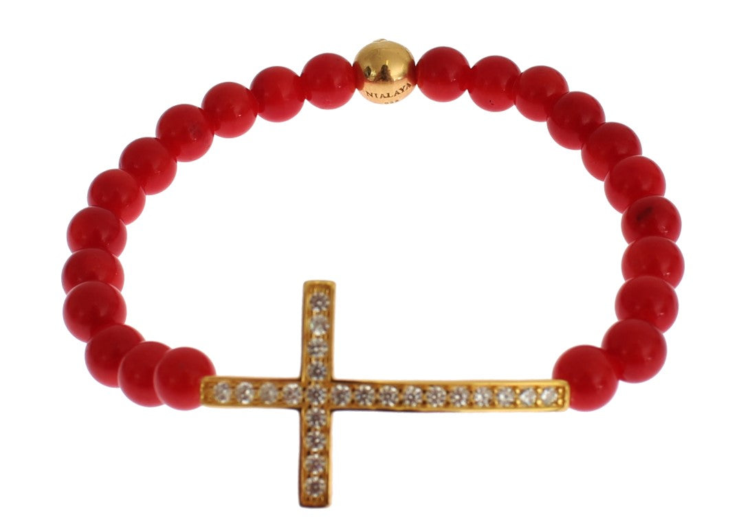 Bracelet Nialaya en argent 925 avec croix en or et corail rouge et zircone cubique
