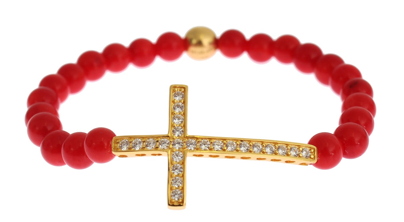 Bracelet Nialaya en argent 925 avec croix en or et corail rouge et zircone cubique