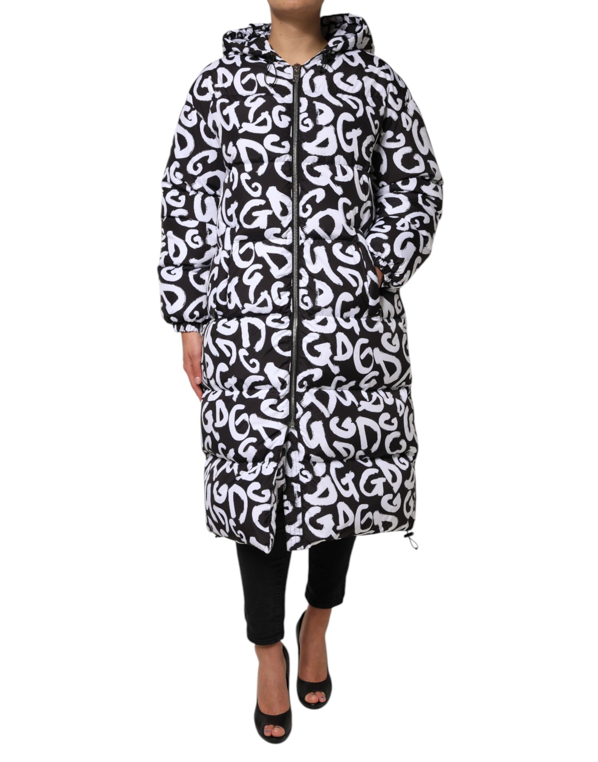 Dolce &amp; Gabbana Manteau long à capuche noir et blanc DG Mania