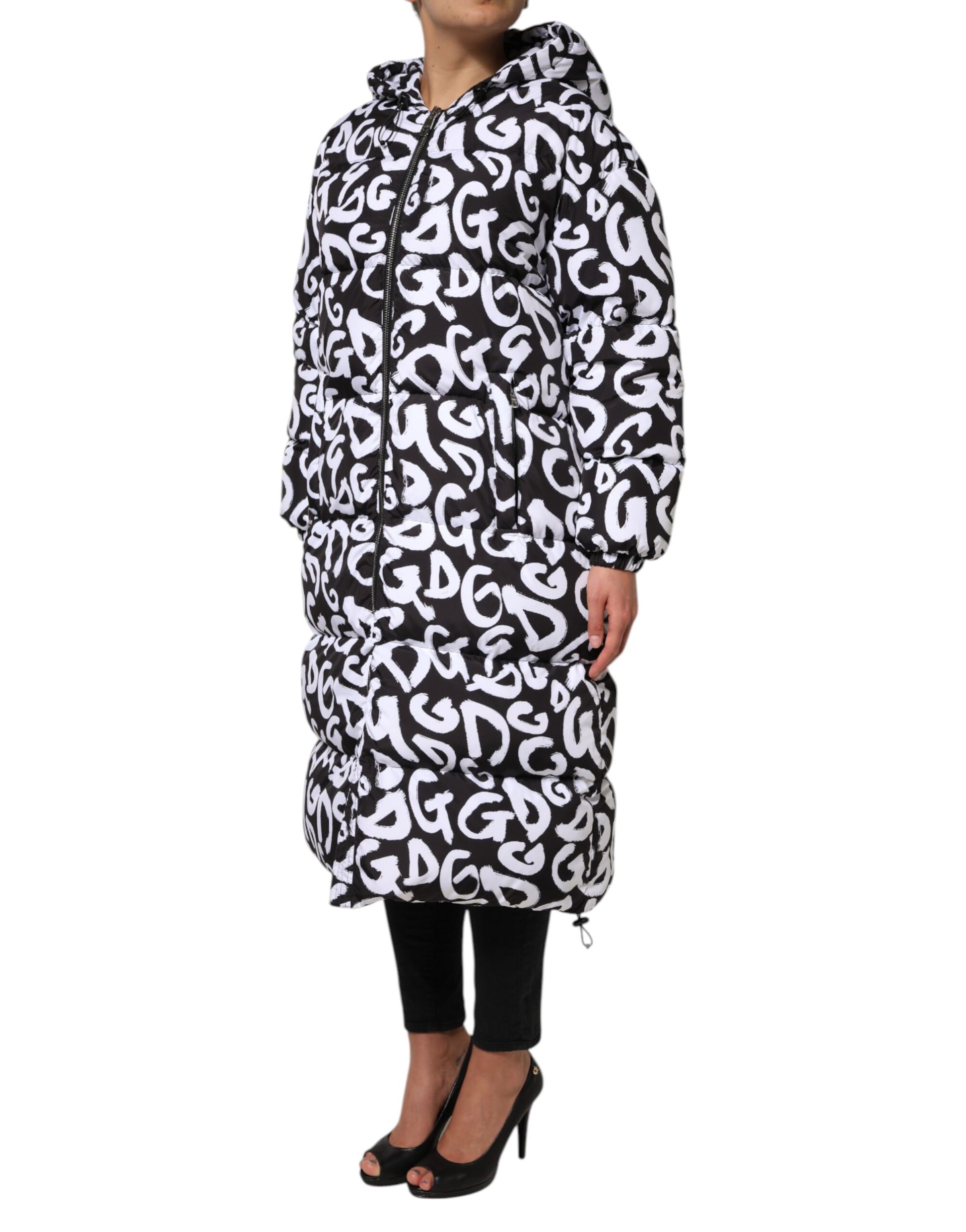 Dolce &amp; Gabbana Manteau long à capuche noir et blanc DG Mania
