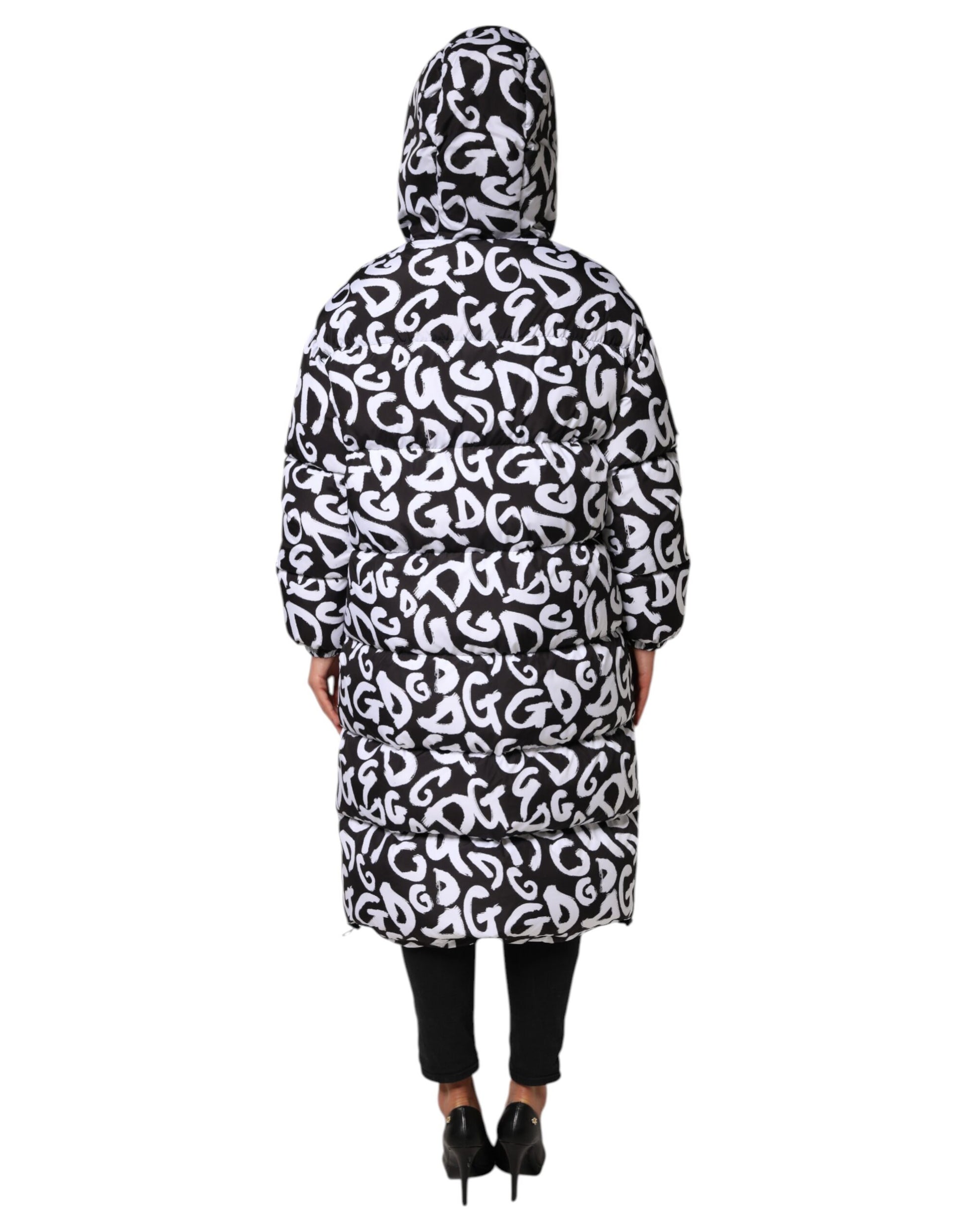 Dolce &amp; Gabbana Manteau long à capuche noir et blanc DG Mania