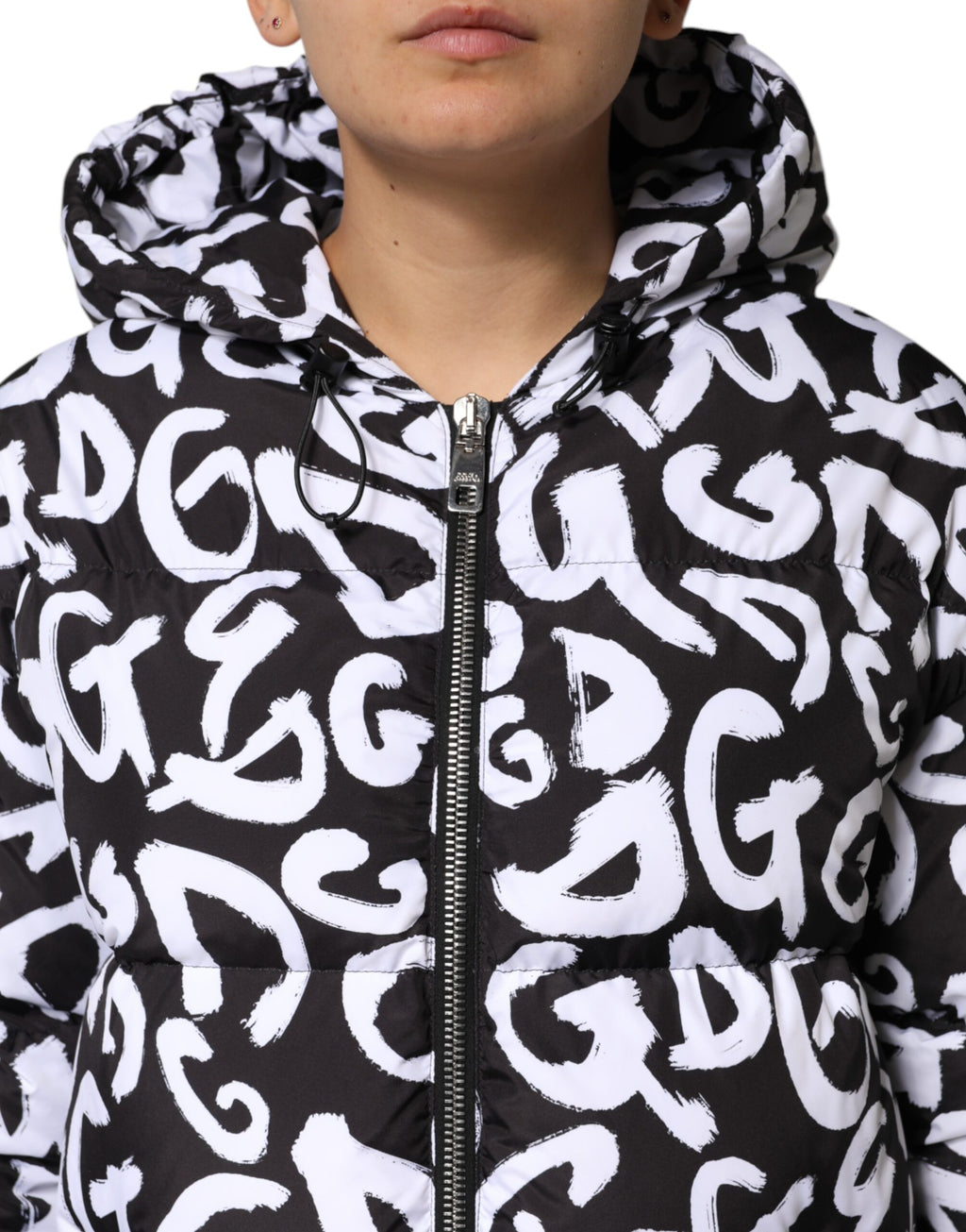 Dolce &amp; Gabbana Manteau long à capuche noir et blanc DG Mania