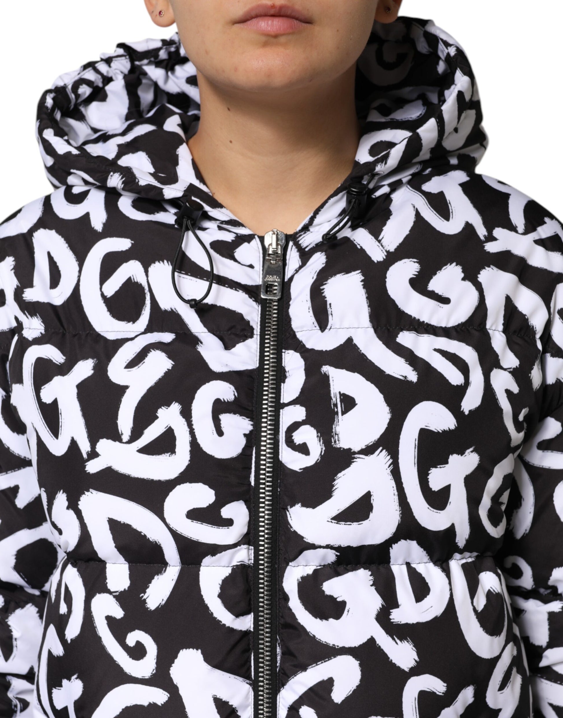 Dolce &amp; Gabbana Manteau long à capuche noir et blanc DG Mania