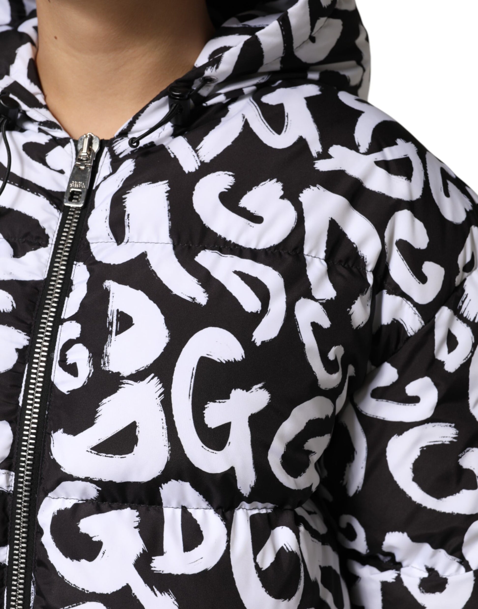 Dolce &amp; Gabbana Manteau long à capuche noir et blanc DG Mania